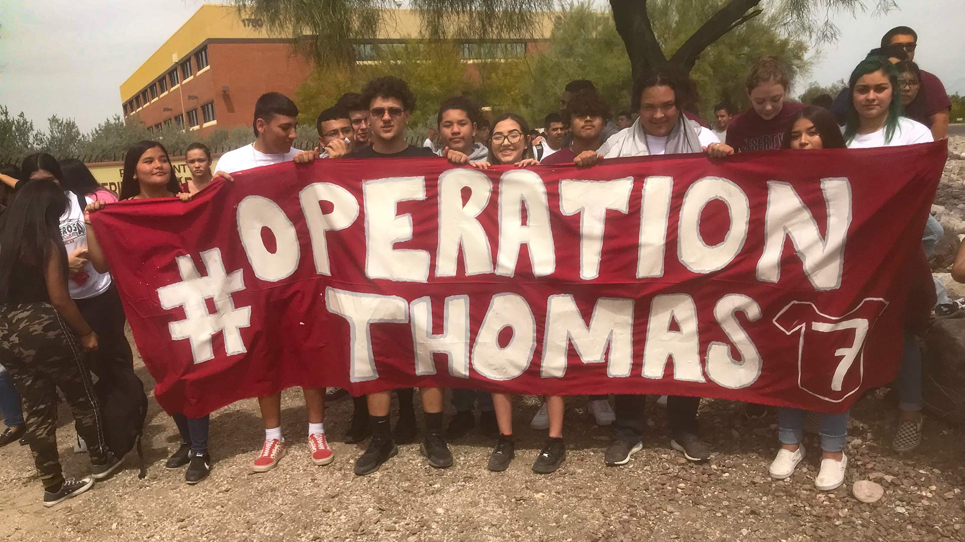 Desert View High School students hold a protest at the Pima County Sheriff's Department on Benson Highway in Tucson. Students walked for two hours to protest the detention of senior classmate Thomas Torres.