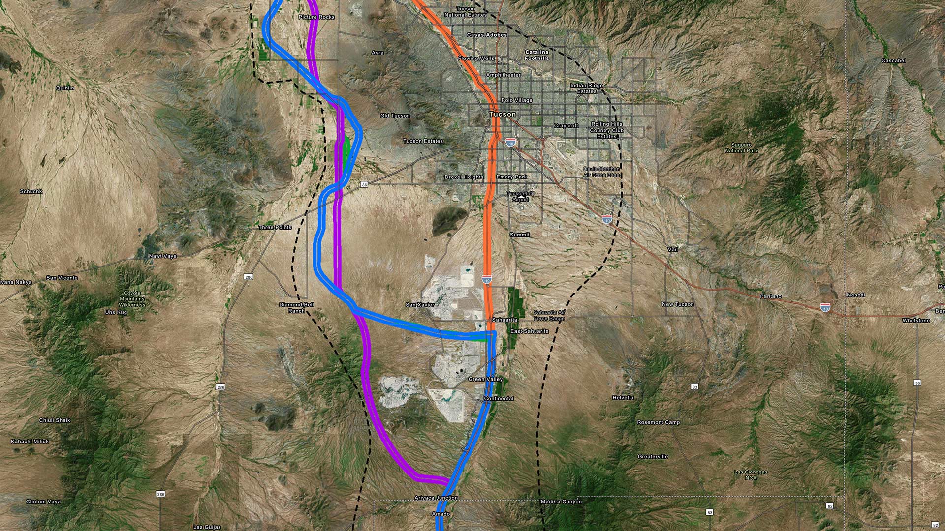 The Arizona Department of Transportation has released its environmental impact statement of the I-11 corridor. ADOT's preferred alternative is shown in blue. 