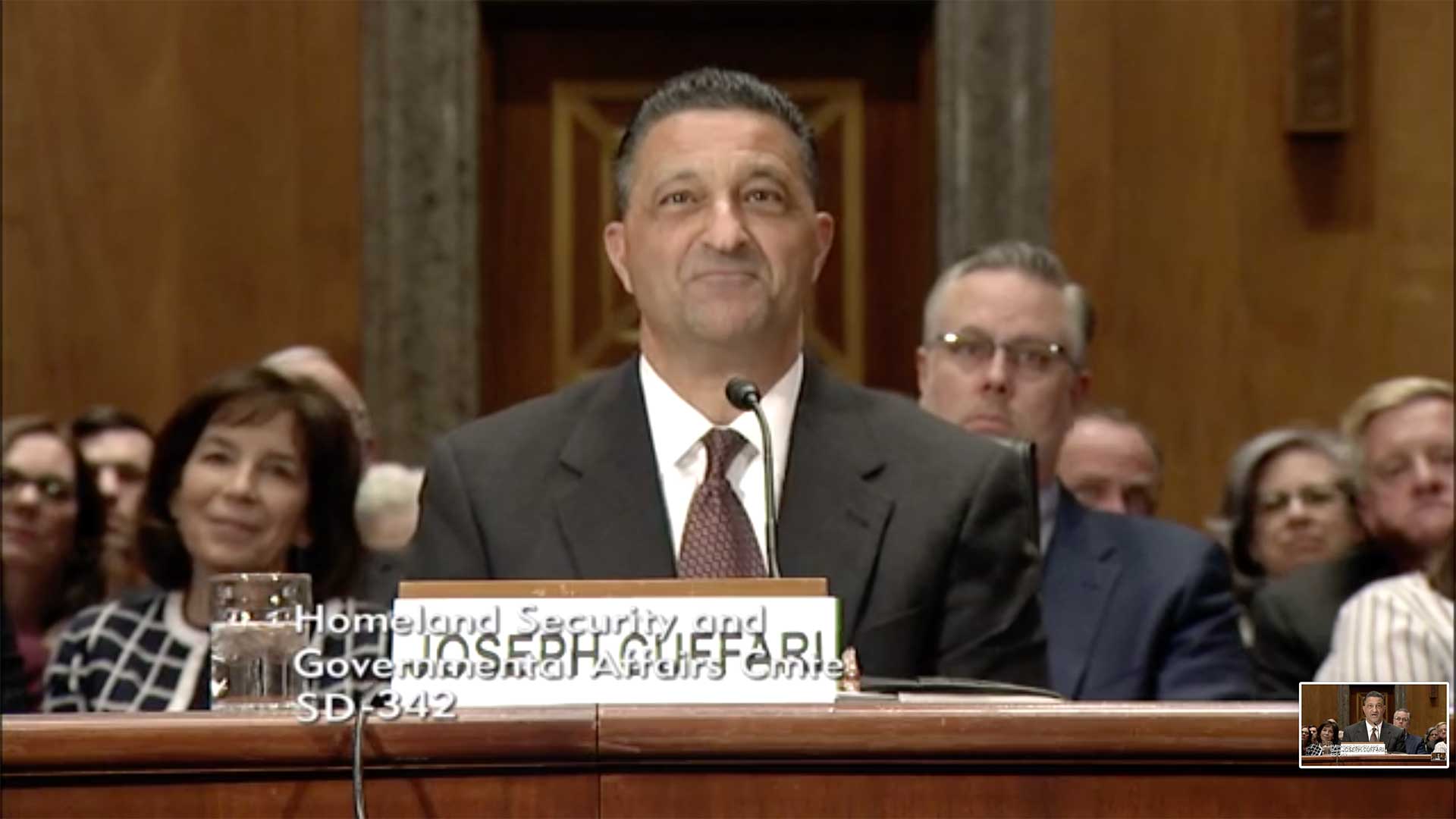 Still image from video of Joseph Cuffari at his nomination hearing for inspector General, DHS, in March 2019.