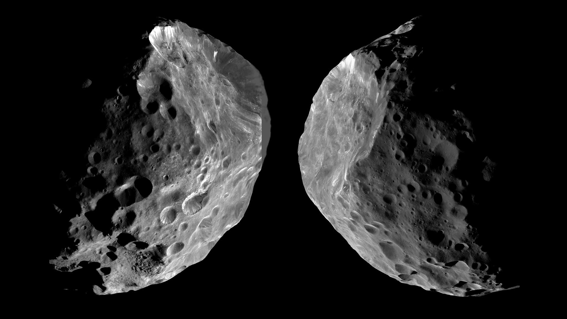 Cassini's view on approach to Phoebe (left) and departure (right). The dark, roughly spherical object is roughly 16 times smaller than Earth's moon.