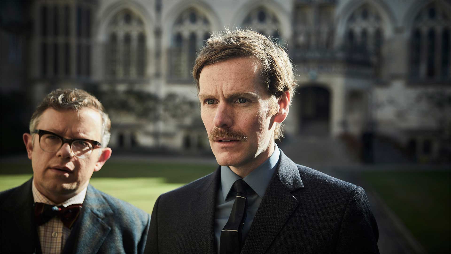 JAMES BRADSHAW as Dr. Max DeBryn and SHAUN EVANS as Endeavour
