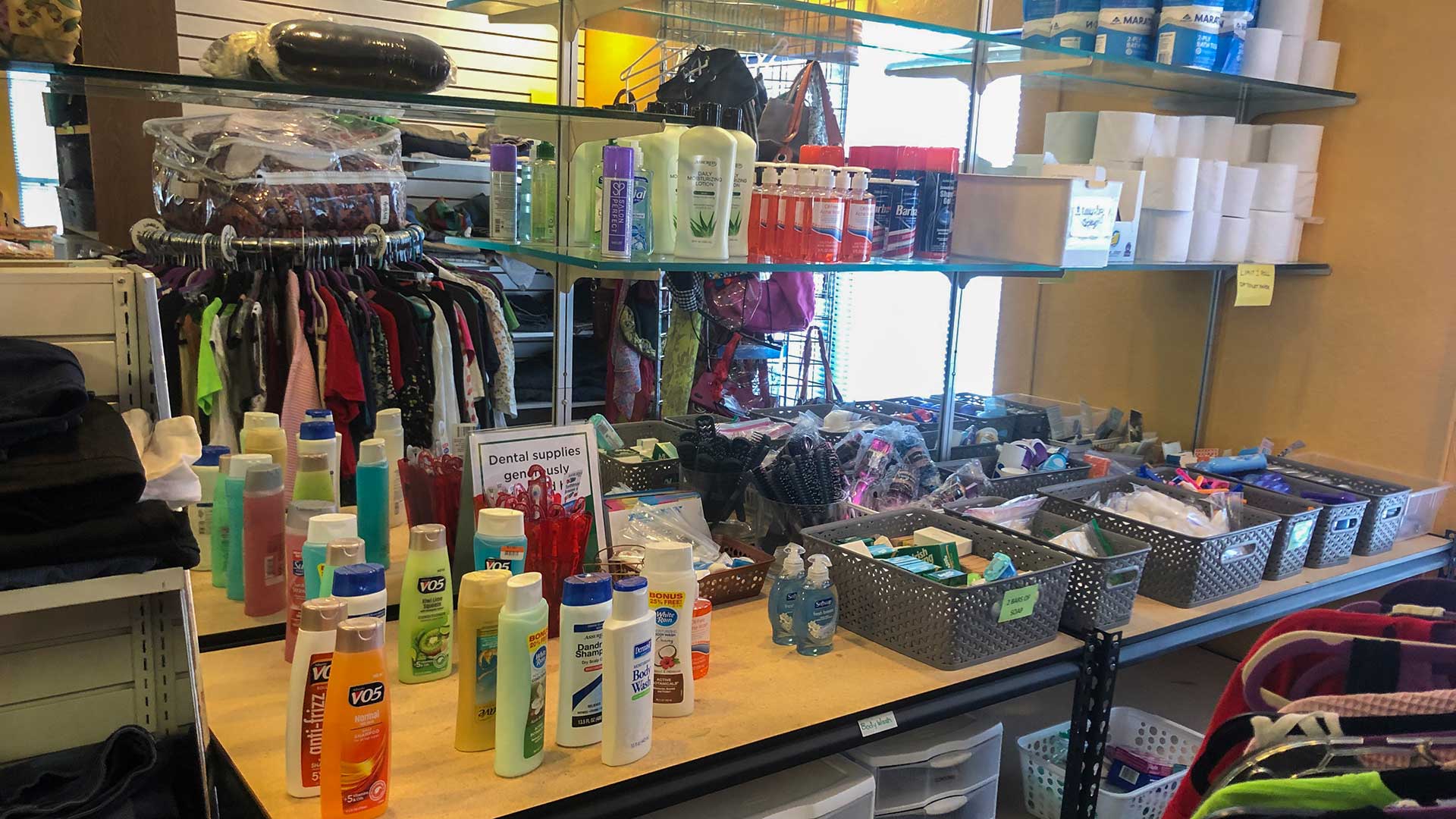 Toiletries and clothes at the Youth On Their Own Store in Tucson, June 2019.  Homeless students enrolled  in the program have free access to these and other resources.  