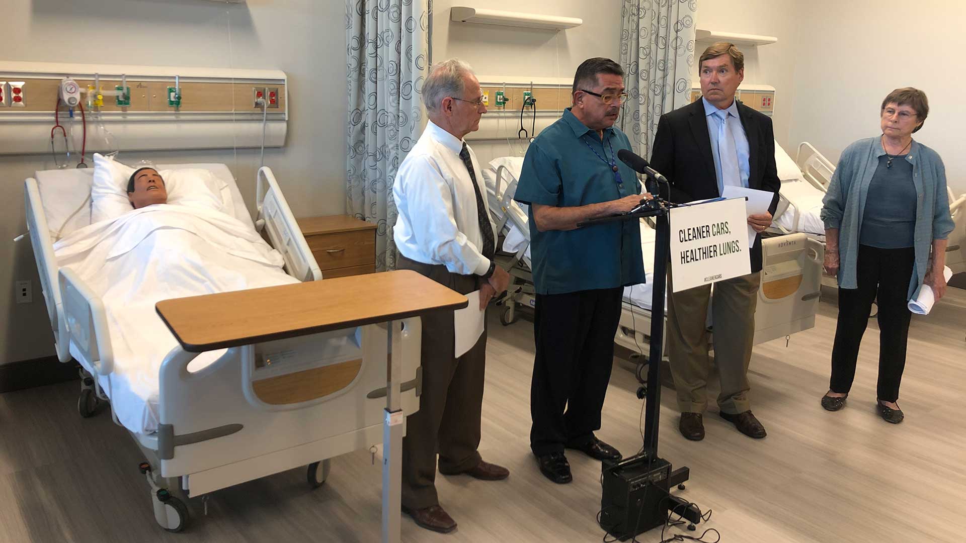 Pima County Supervisor Richard Elias, Tucson Mayor Jonathan Rothschild, Barbara Warren, MD Director of Physicians for Social Responsibility Arizona Chapter, and Professor Ecri Betterton, UA Dept. of Hydrology and Atmospheric Sciences speak at a news conference regarding the dangers of rolling back the federal clean car standards.  The event was held in a classroom at the Pima Medical Institute. June 25, 2019