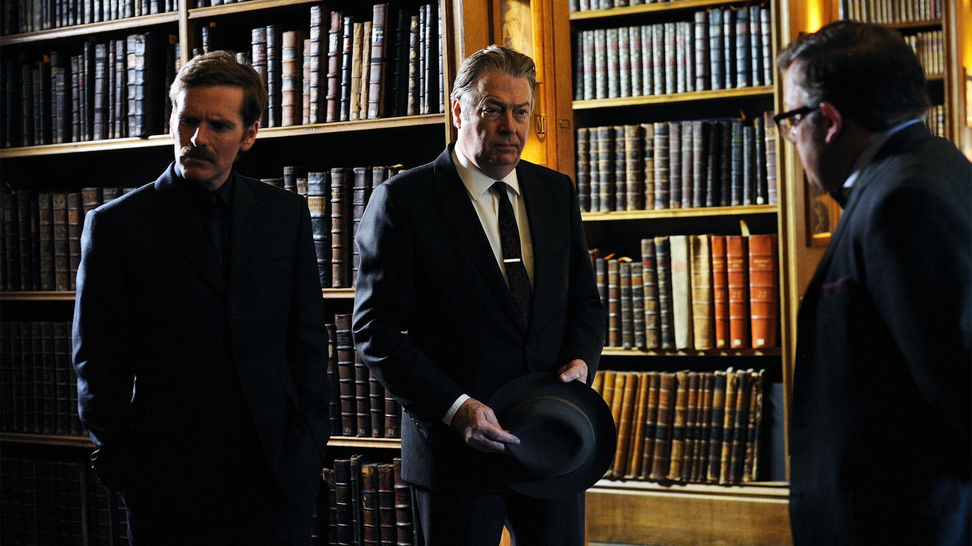 Pictured from left to right: SHAUN EVANS as Endeavour, ROGER ALLAM as DI Fred Thursday and JAMES BRADSHAW as DR Max DeBryn