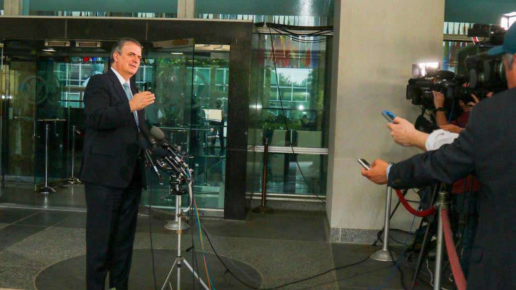 Mexican Foreign Relations Secretary Marcelo Ebrard spoke to reporters late Thursday afternoon after meetings with officials in the U.S. State Department in Washington.