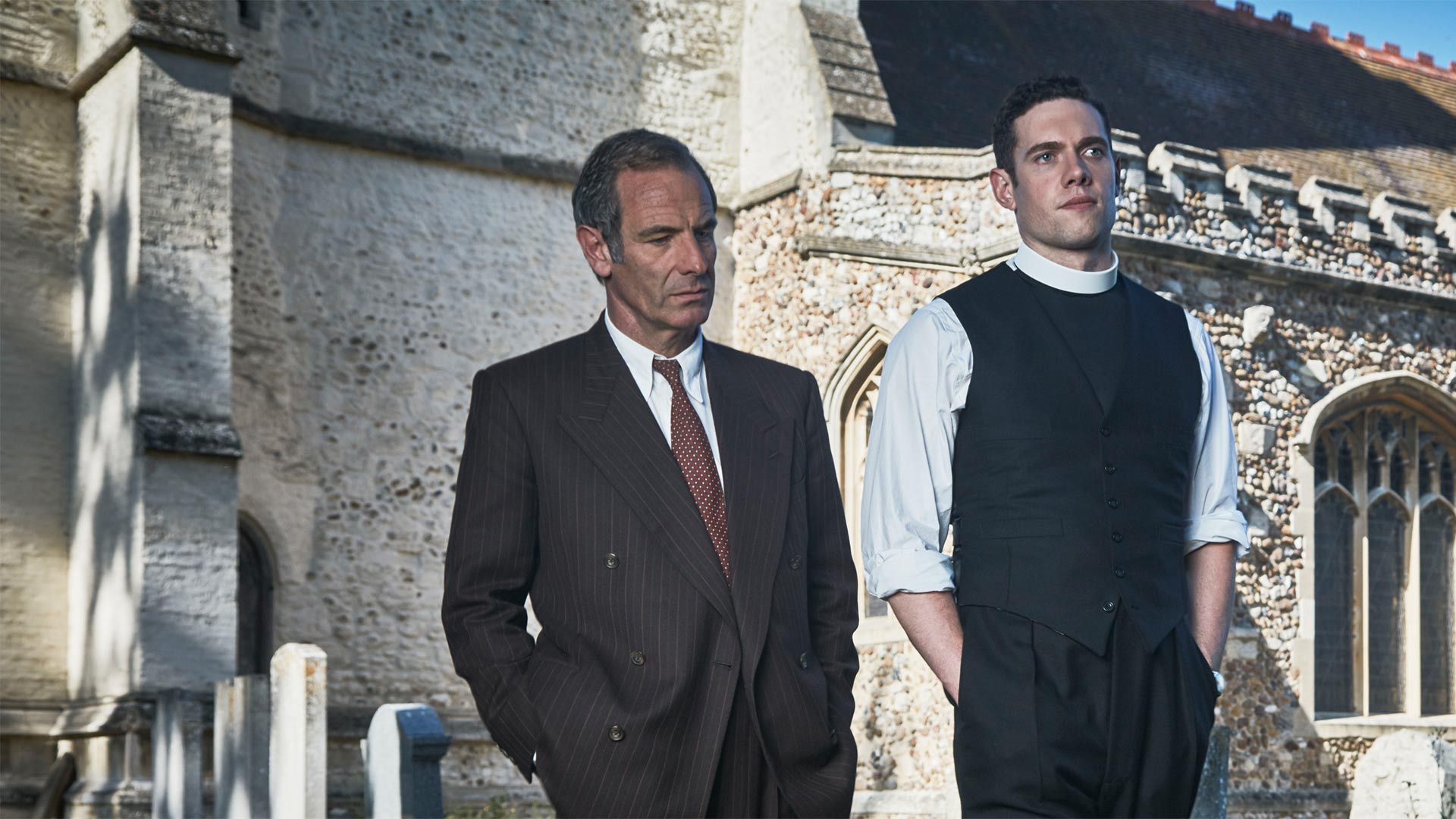 Pictured from left to right: Robson Green as Geordie Keating and Tom Brittney as Will Davenport