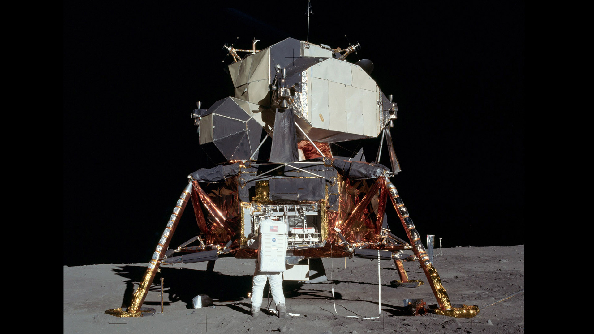 Astronaut Edwin "Buzz" Aldrin works on the moon's surface during the Apollo 11 moonwalk, July 20, 1969.