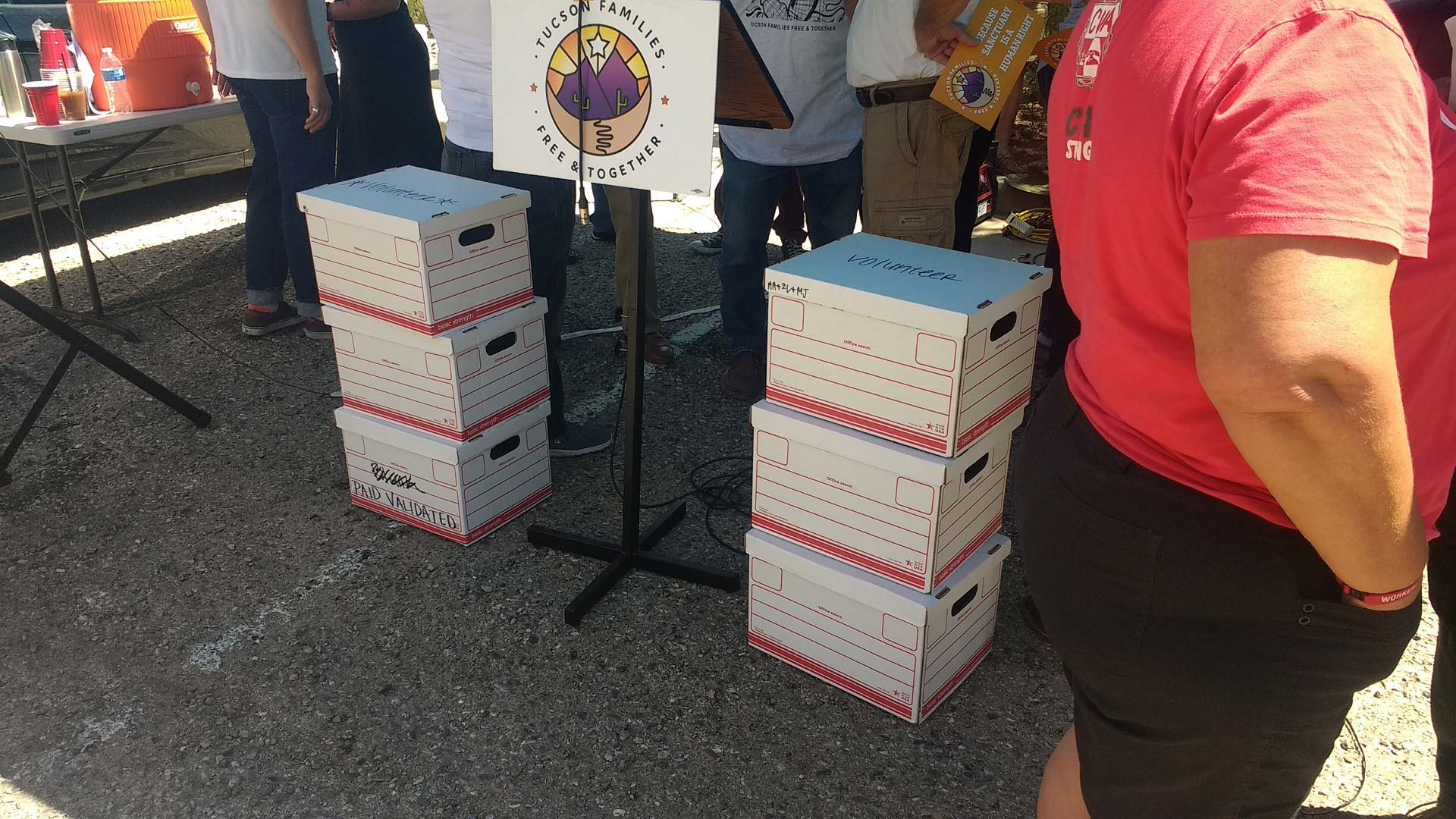 Boxes containing petitions collected by the People's Defense Initiative were displayed on July 3, 2019, before the group submitted them to Tucson city officials. The group claims it collected 18,155 signatures, more than the 9,200 needed to qualify its proposed Sanctuary City ordinance for the Nov. 5, 2019 Tucson city election ballot.