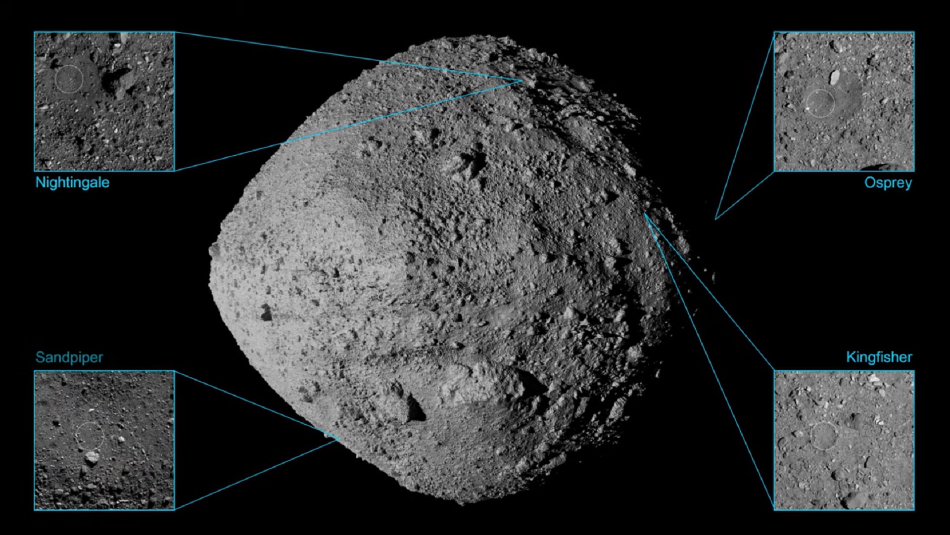 This screen grab from a NASA video released Aug. 12, 2019 shows four potential locations on Bennu for the OSIRIS-REx probe to collect soil samples.