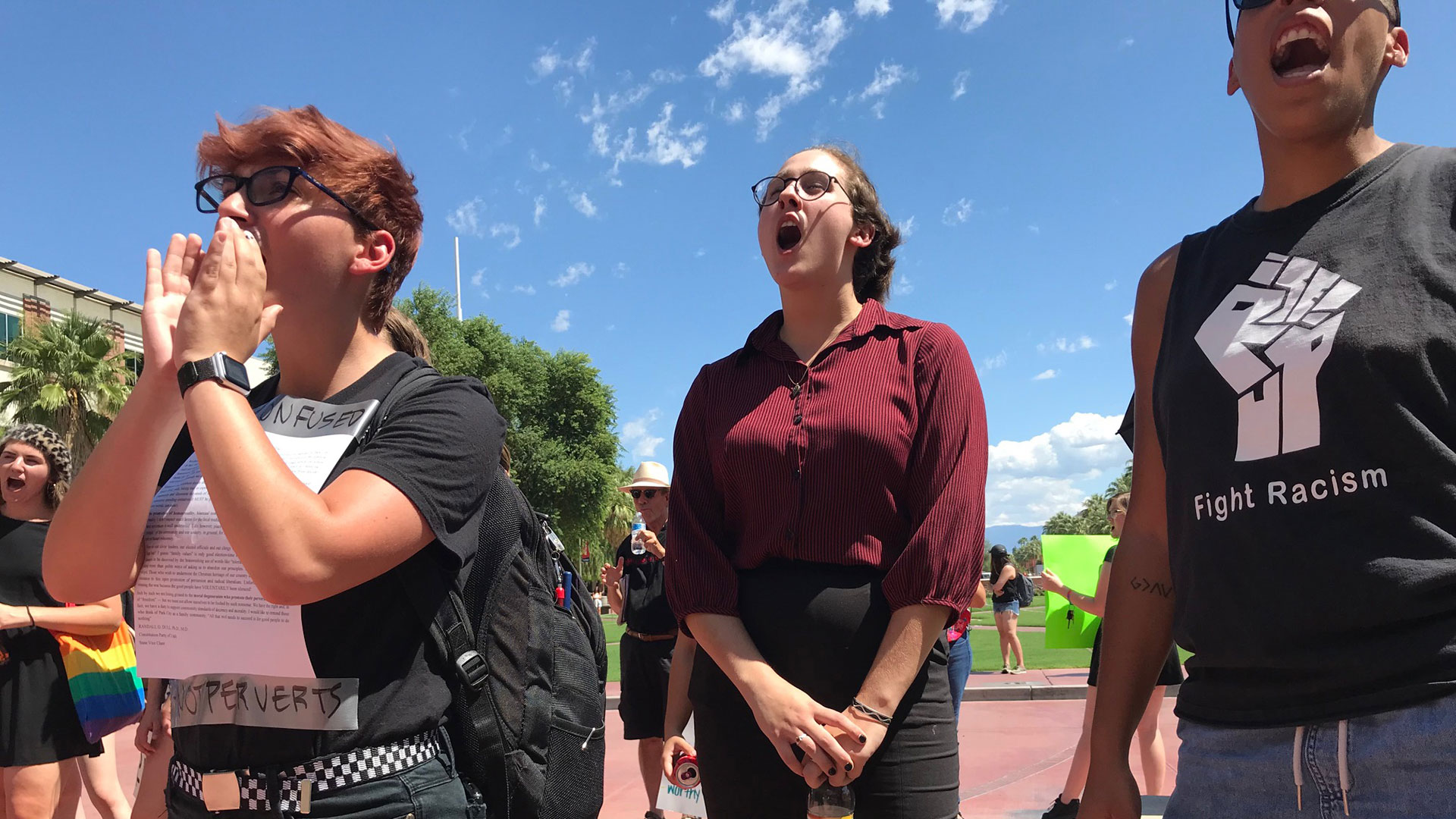 Demonstrators call for the firing of a professor at the University of Arizona over a homophobic letter, Sept. 18, 2019.