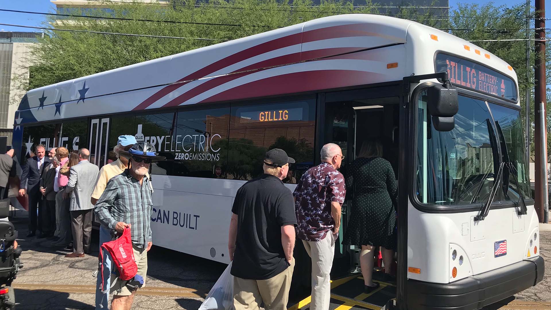 An electric bus being showcased in front of the Tucson Electric Power headquarters on Sept. 18, 2019. The city of Tucson plans to lease a bus from the California-based Gillig for a pilot program beginning next spring.