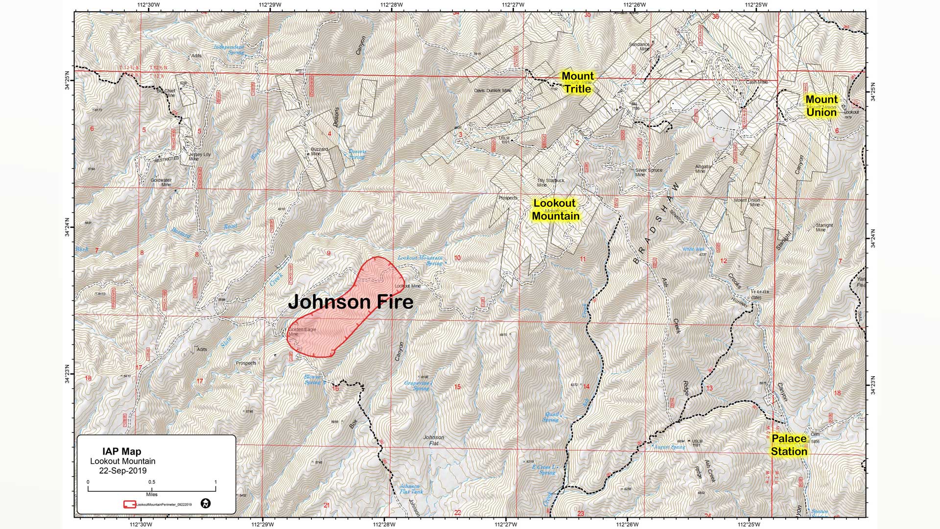 A map showing the approximate location and perimeter of the Johnson Fire near Prescott, dated Sept. 22, 2019.