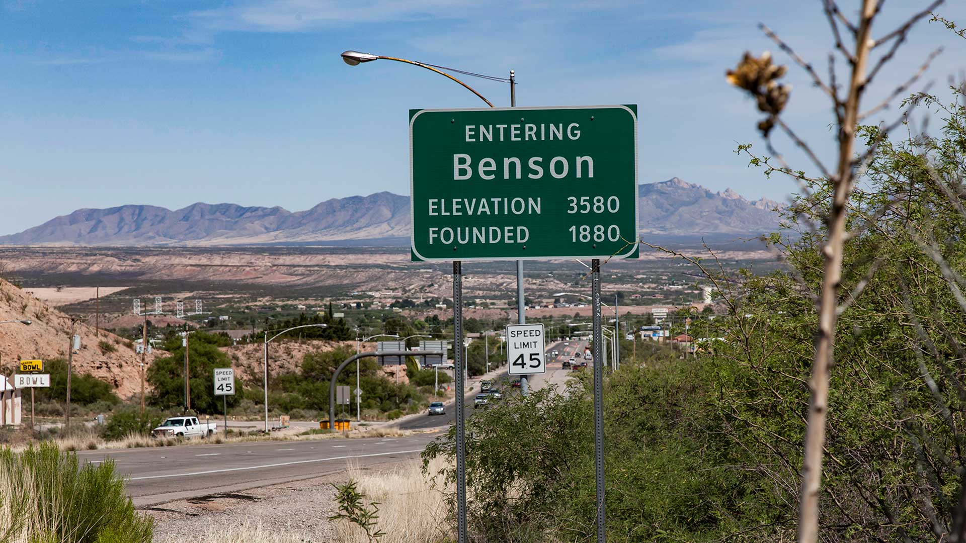 A city sign for Benson, Arizona.
