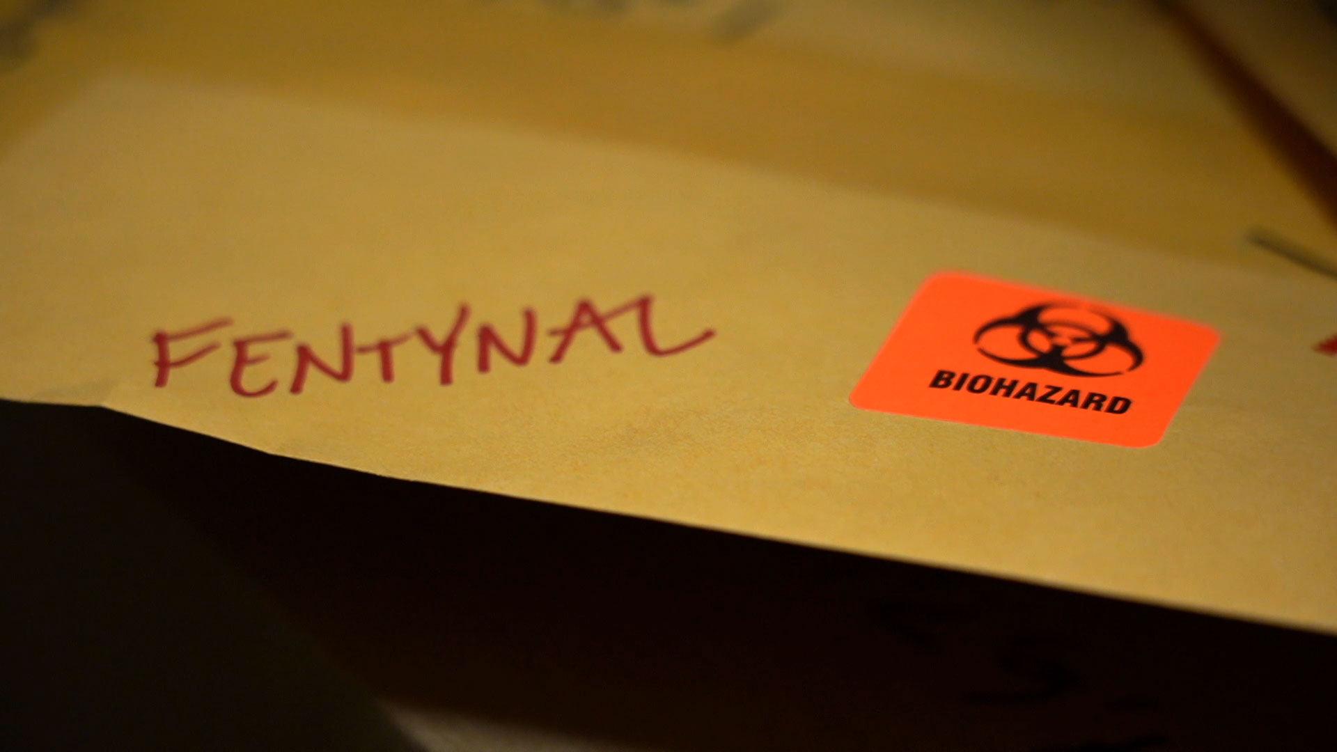 An envelope labeled as containing fentanyl in the evidence room at the Pinal County Sheriff's Office. 