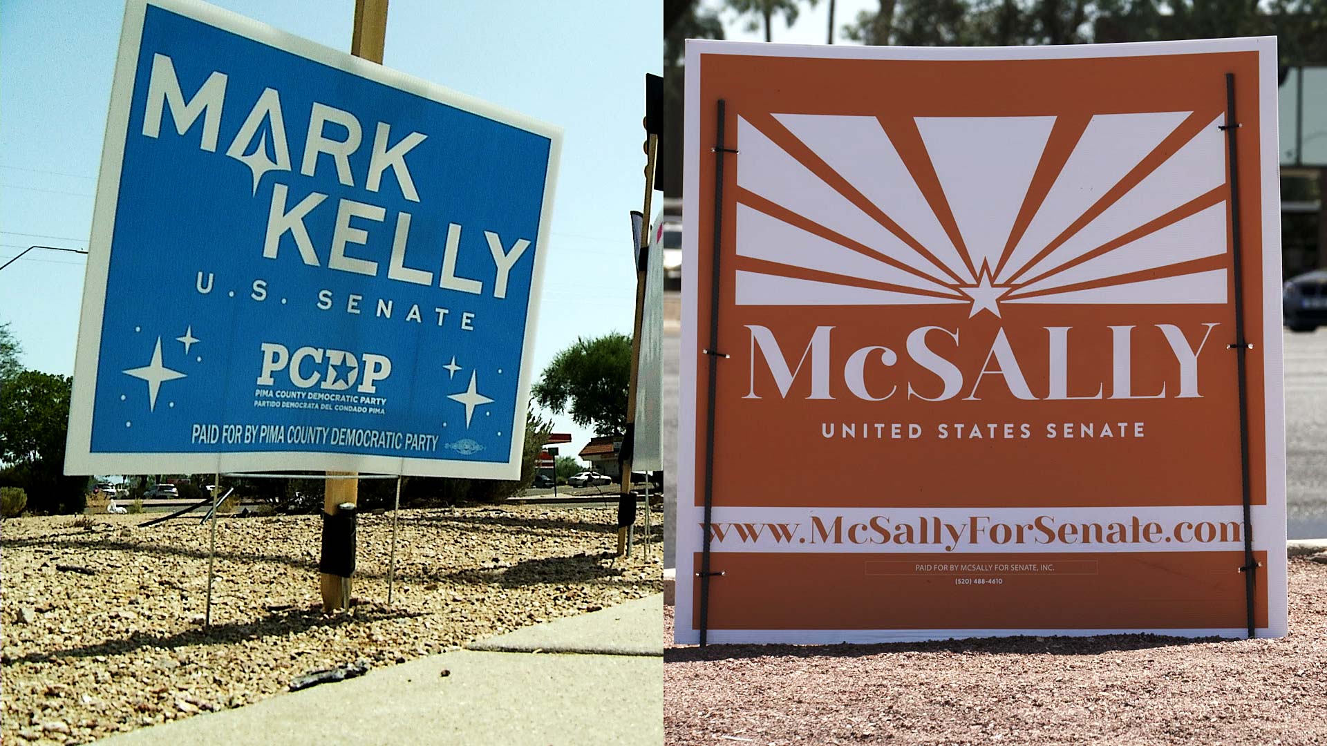 An image composite of campaign signs for U.S. Senate candidates Democrat Mark Kelly and Republican incumbent Martha McSally. 