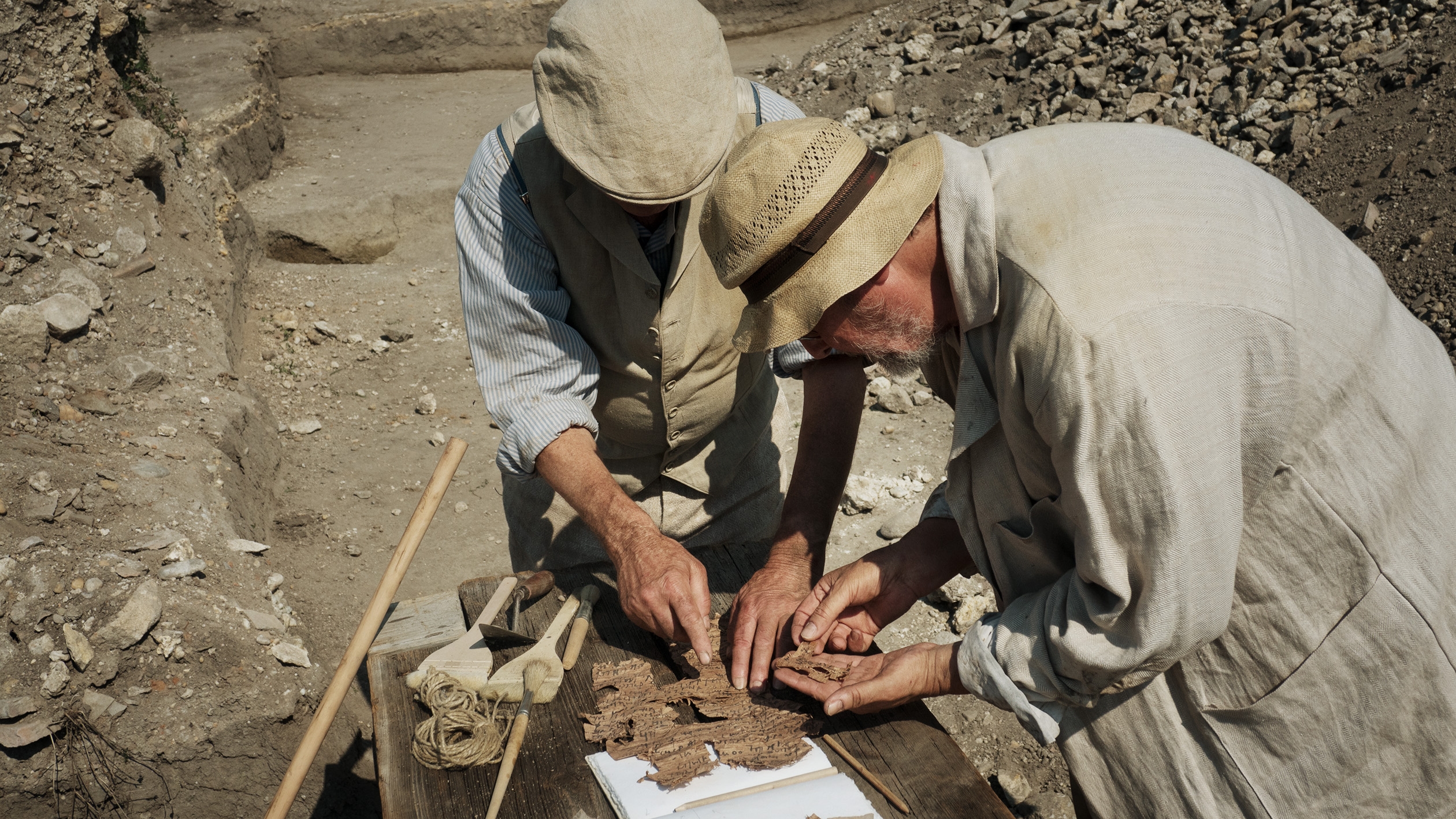 Johann Csar and Ferdinand Hirschhofer (archaeologists) excavation of the papyrus.