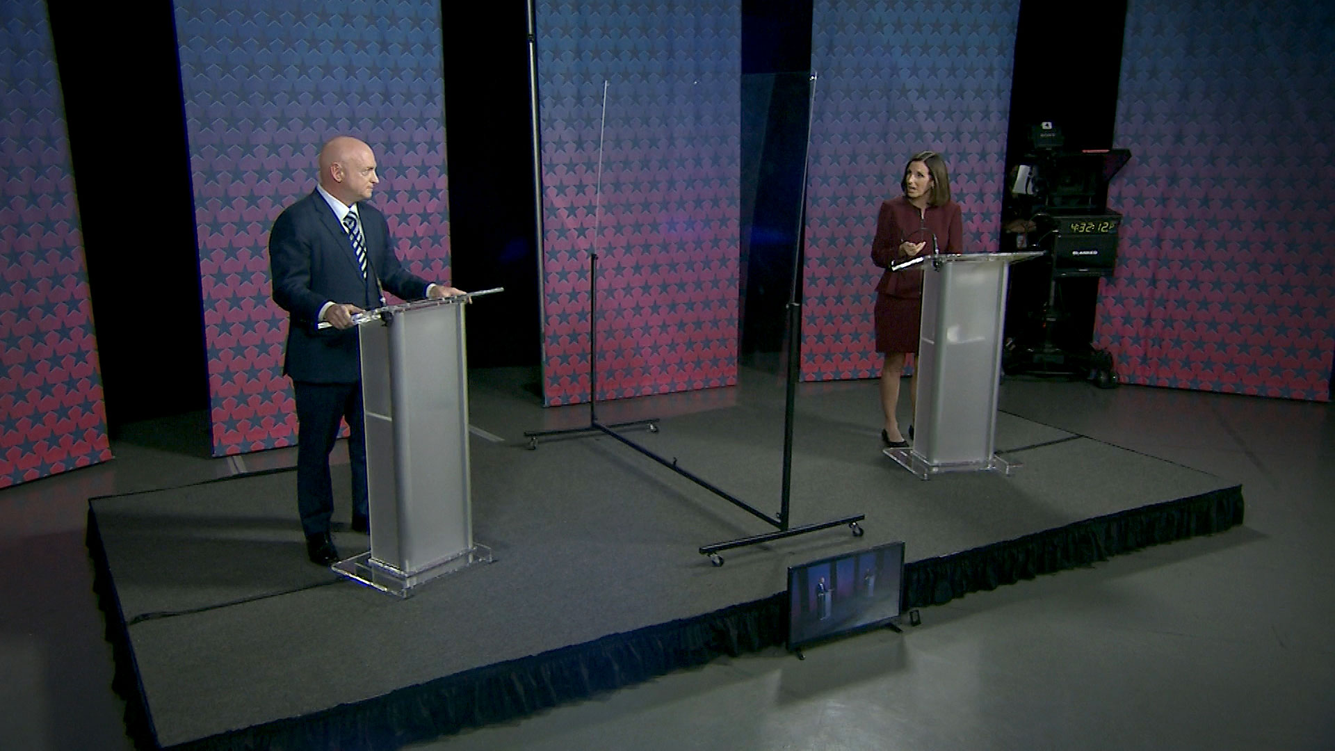 An image from the broadcast of the U.S. Senate debate between Sen. Martha McSally (R) and Mark Kelly (D) at Arizona PBS on Oct. 6, 2020. 