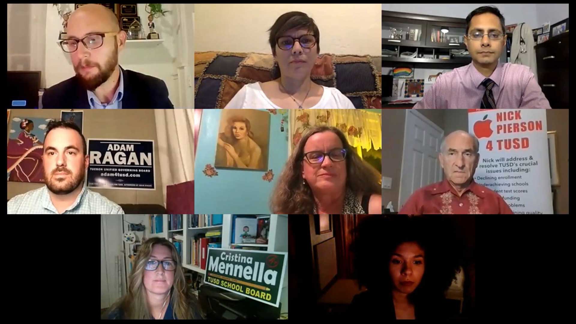 The seven candidates campaigning for a spot on the Tucson Unified School District Governing Board gathered on Zoom to discuss education issues on Oct. 8, 2020. Journalist Hank Stephenson moderated the forum.