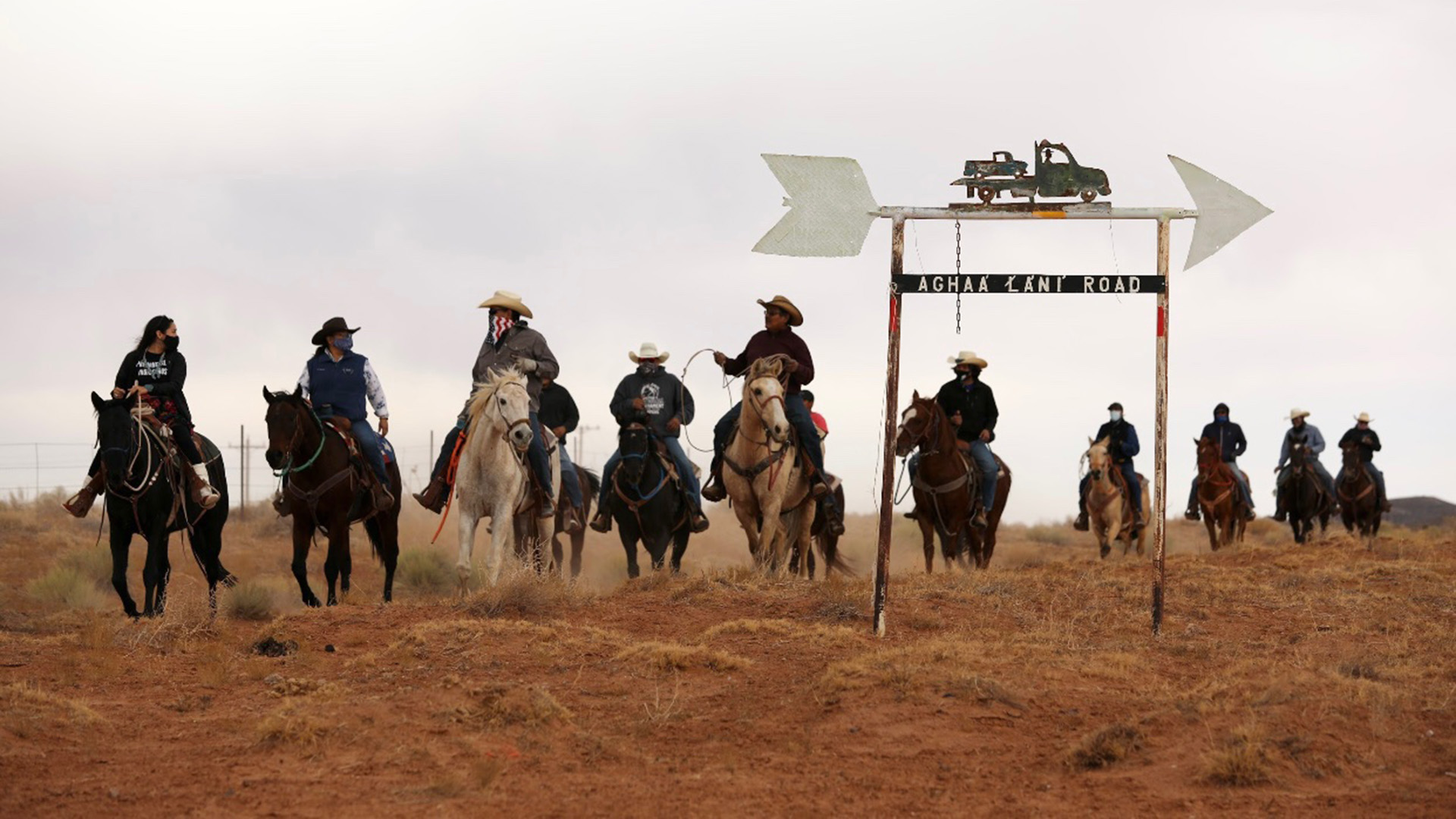 Allie Young, the founder of Protect the Sacred, leads voters to the polls within the Navajo Nation on Election Day 2020. 