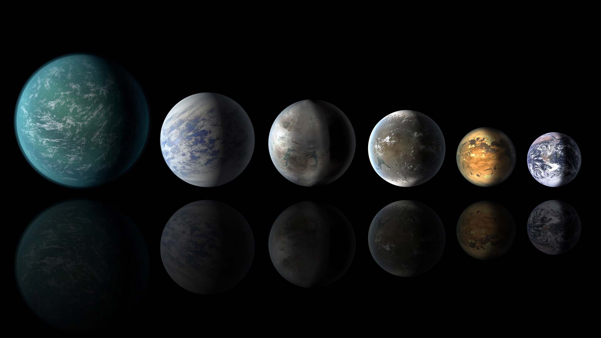 An artist’s conception shows habitable-zone exoplanets with similarities to Earth: from left, Kepler-22b, Kepler-69c, Kepler-452b, Kepler-62f and Kepler-186f. Last in line is Earth itself.