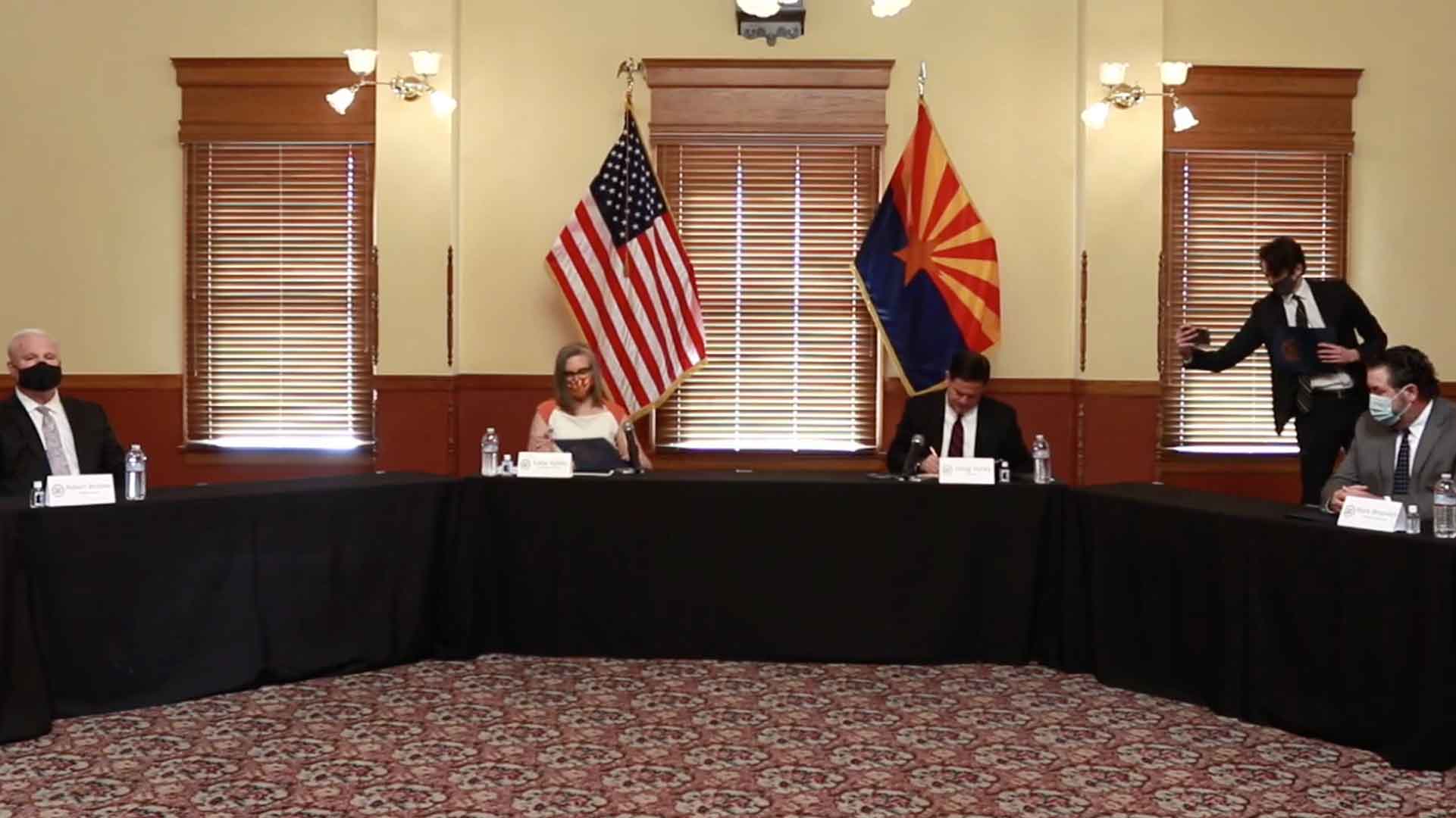 Arizona Chief Justice Robert Brutinel, Secretary of State Katie Hobbs, Governor Doug Ducey, and Attorney General Mark Brnovich certify the 2020 General Election. Nov. 30, 2020