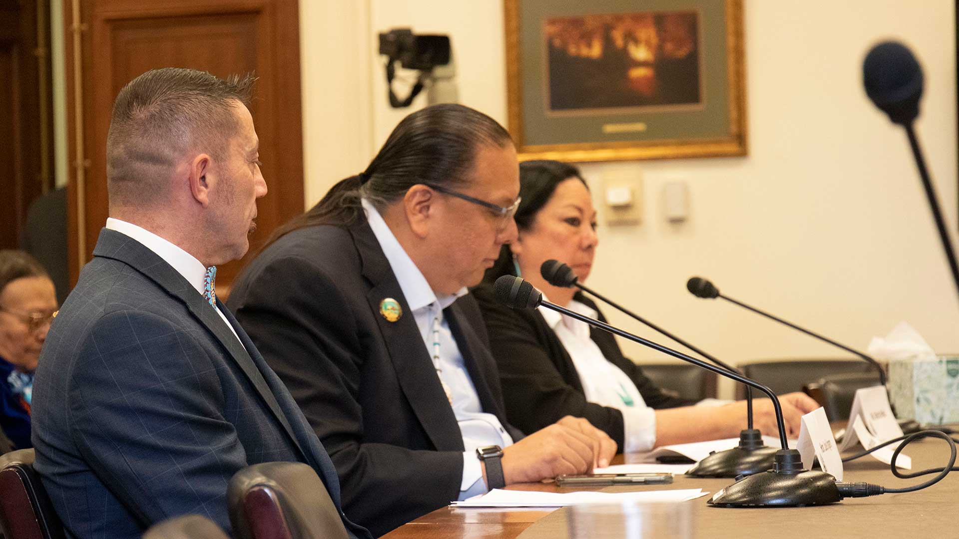 Gila River Indian Community Gov. Stephen Roe Lewis, center, said his tribe is working to solve funding problems, but the federal government has to do its share. He is with Muckleshoot Tribe Council Member Louie Ungaro, left, and Martina Hinds, president of the National Indian Education Association.