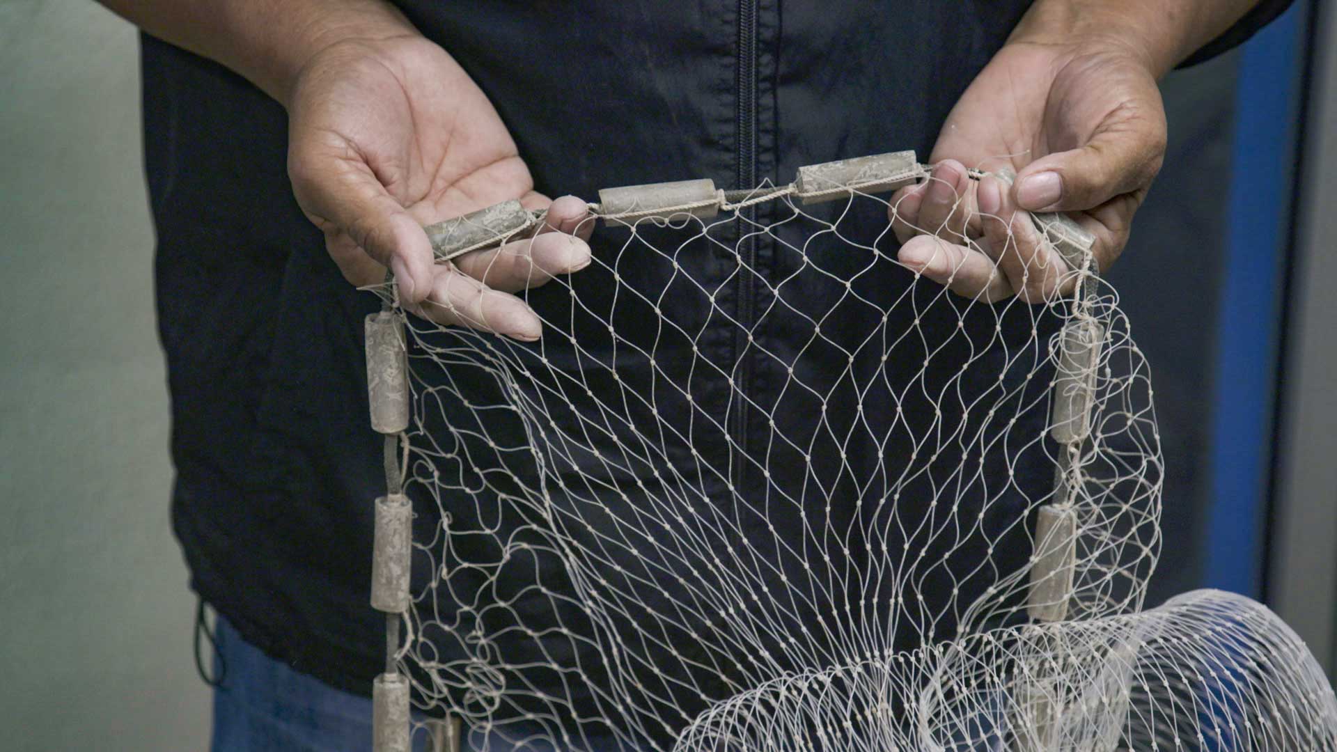 Sea Shepherd's JP Geoffroy demonstrates a gill net.