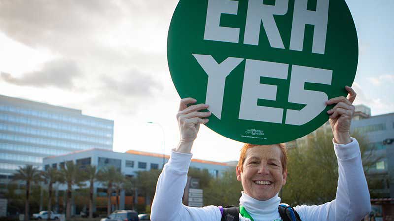 In this March 2019 file photo, Cindy Harrison rallies in Phoenix in support of the Equal Rights Amendment. Arizona has never approved the ERA, one of just 12 states not to have done so, but Virginia’s recent ratification led the U.S. House to remove a deadline for states’ ratification in hopes of reviving the amendment.