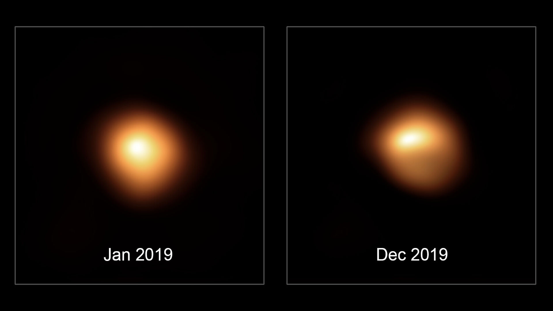 Two images captured approximately one year apart with the SPHERE instrument on the European Southern Observatory’s Very Large Telescope show the apparent dimming of the star Betelgeuse.