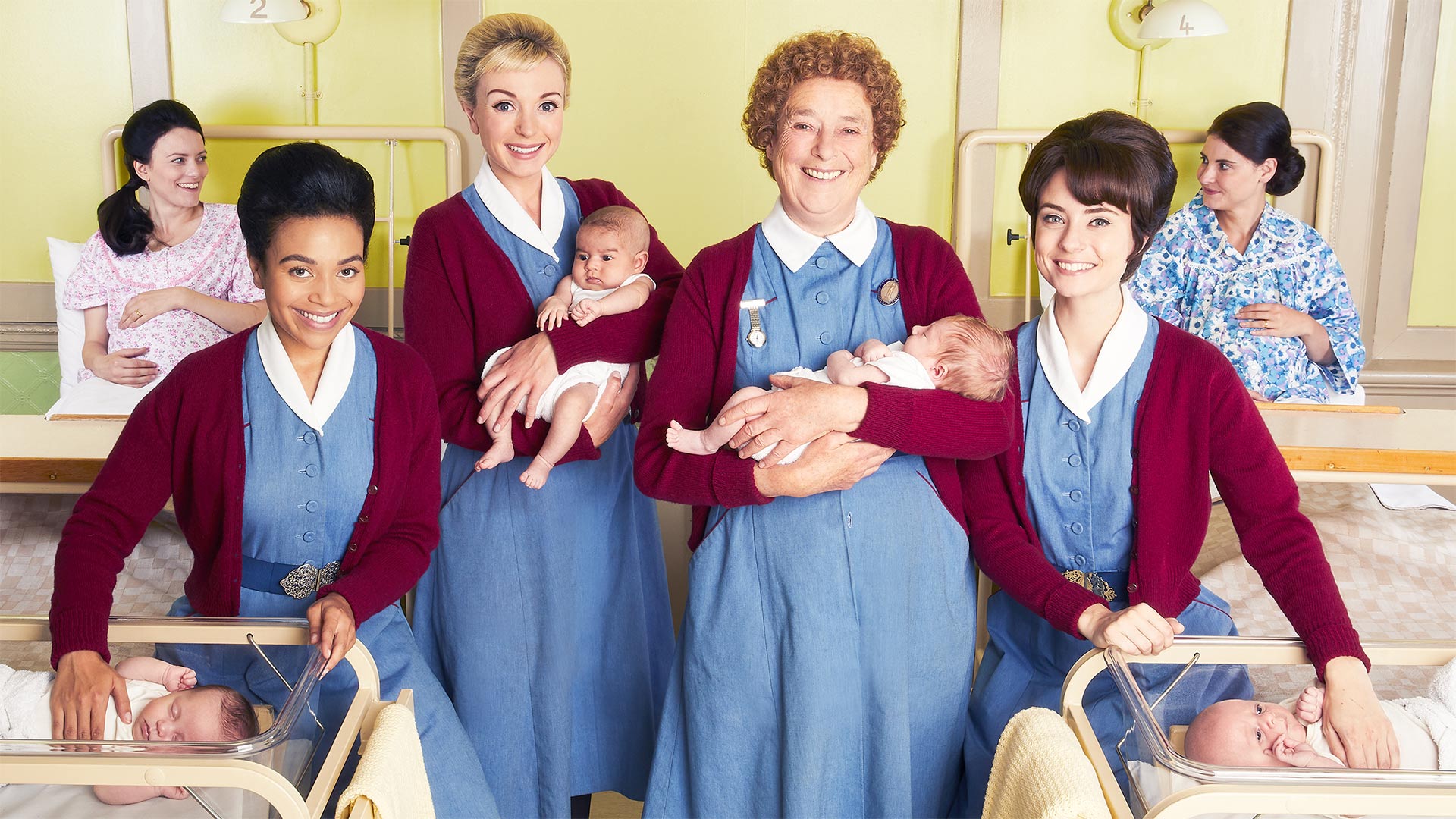 L-R) Nurse Lucille Anderson (LEONIE ELLIOTT), Nurse Trixie (HELEN GEORGE), Nurse Crane (LINDA BASSETT), Valerie Dyer (JENNIFER KIRBY)