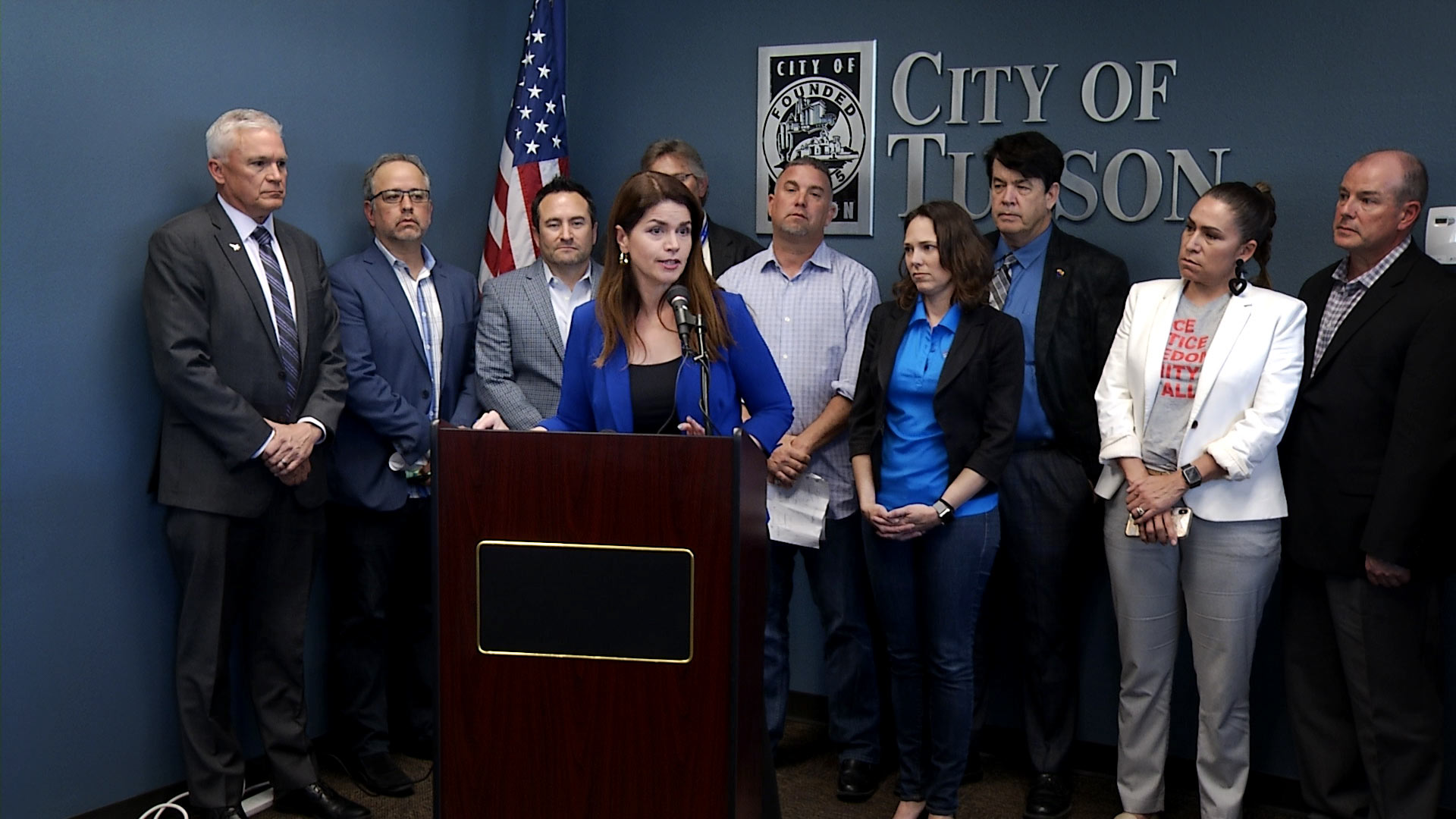 Tucson Mayor Regina Romero speaks to members of the press shortly after a closed-door meeting with city leaders and the business community about potential restrictions related to the COVID-19 pandemic on March 16, 2020. 