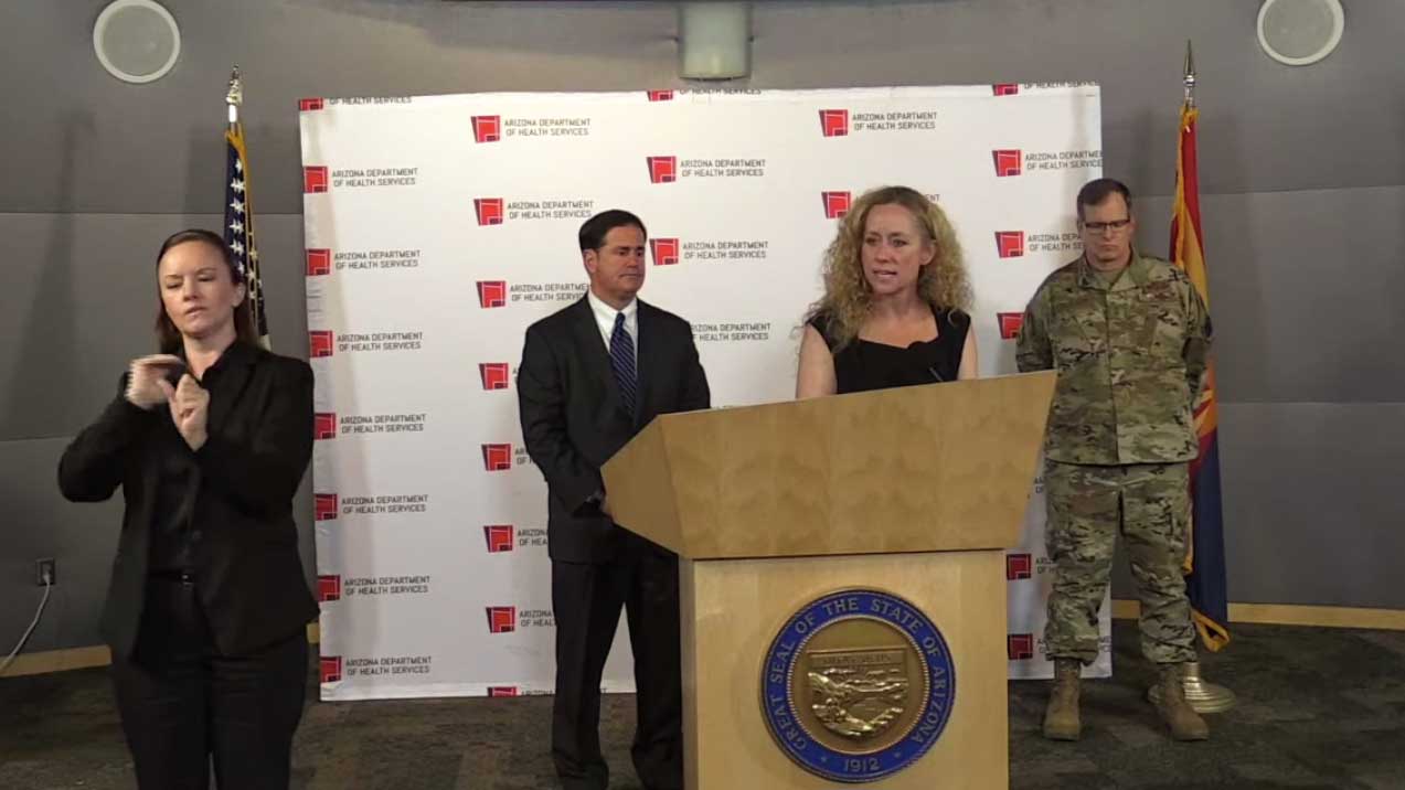 Arizona Department of Health Services Director Cara Christ gives COVID-19 updates with Gov. Doug Ducey, in this still image from a March 25 video.