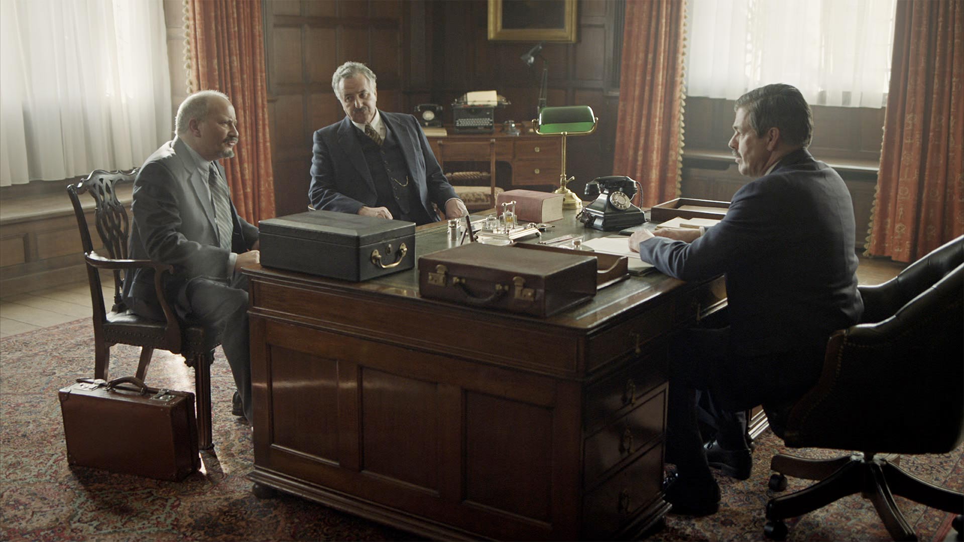 Actor Jonathan Tafler as Chaim Weitzman, Actor Simon Mattacks as Moshe Shertok & Actor Oliver Senton as Anthony Eden meeting in the Foreign Office, London.