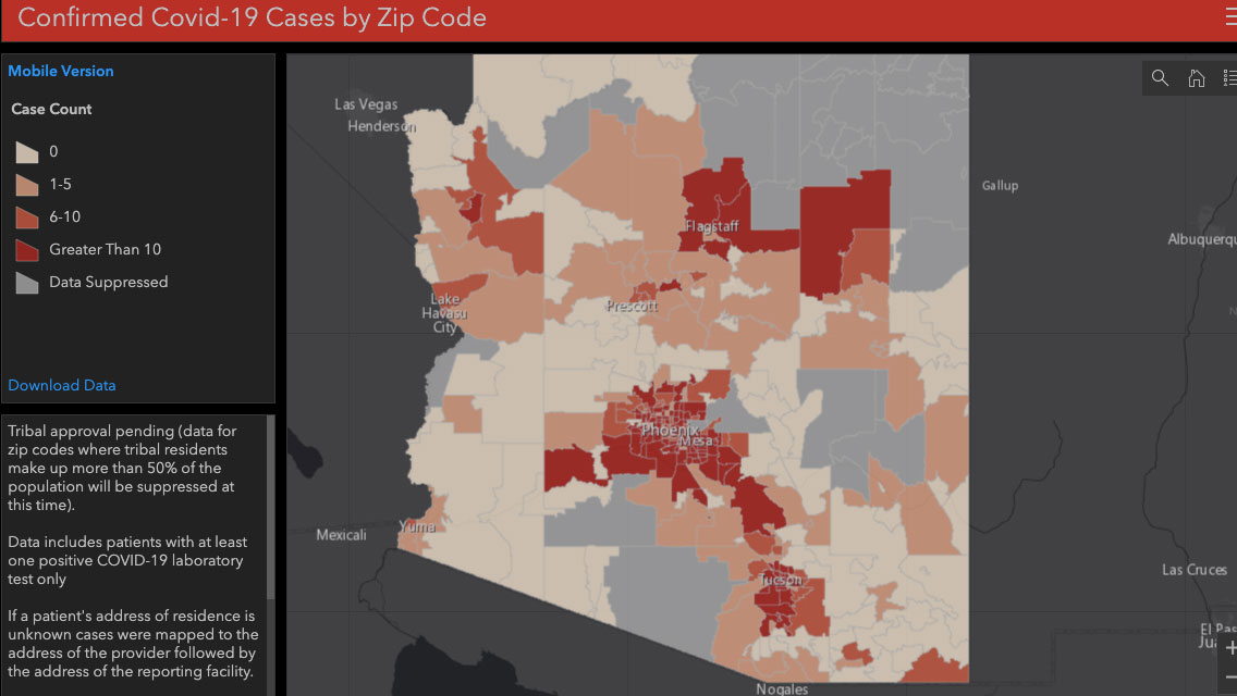 April 14 screen shot of an Arizona Department of Health Services web map showing COVID-19 cases by ZIP code. 
