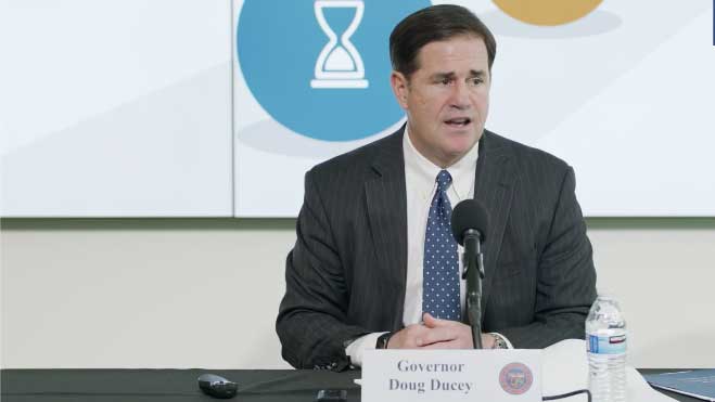 Gov. Doug Ducey delivers an update on Arizona's COVID-19 restrictions, April 29, 2020, in this still image from a live video.