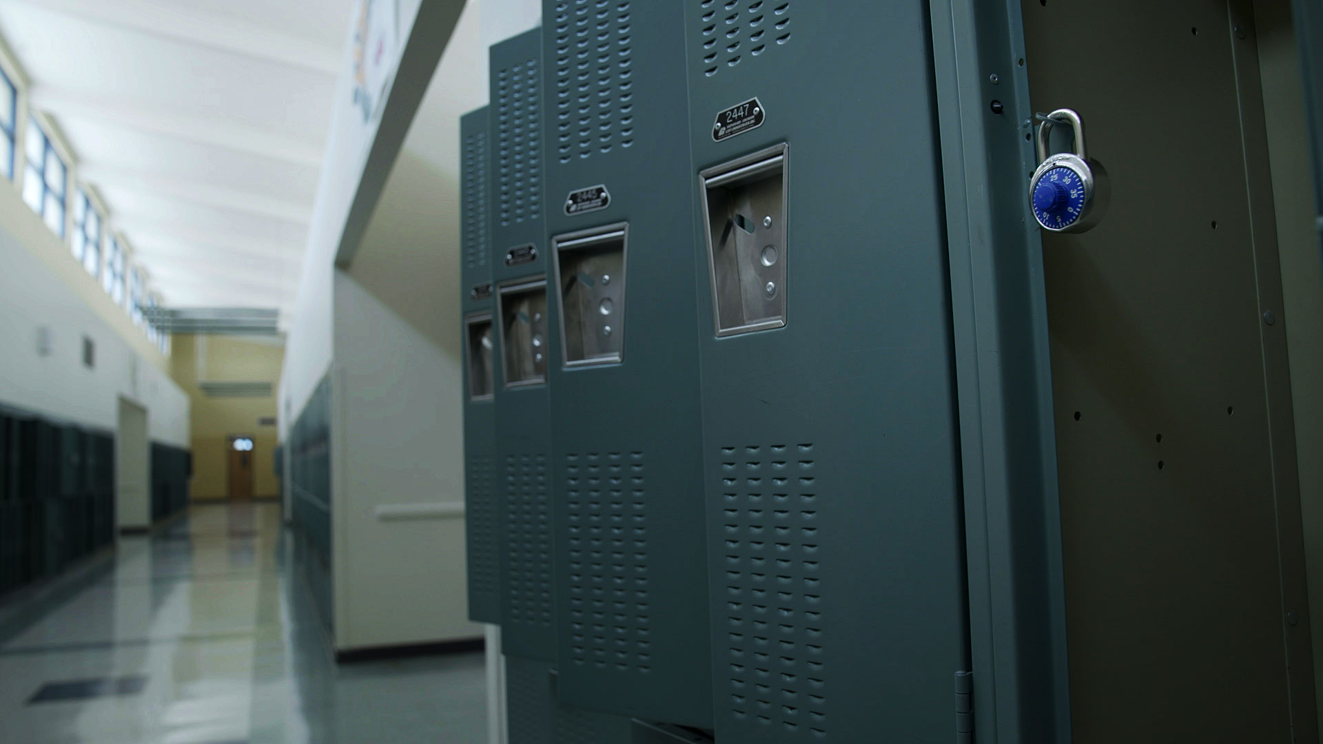 A row of empty lockers in a hallway at Marana Middle School. 