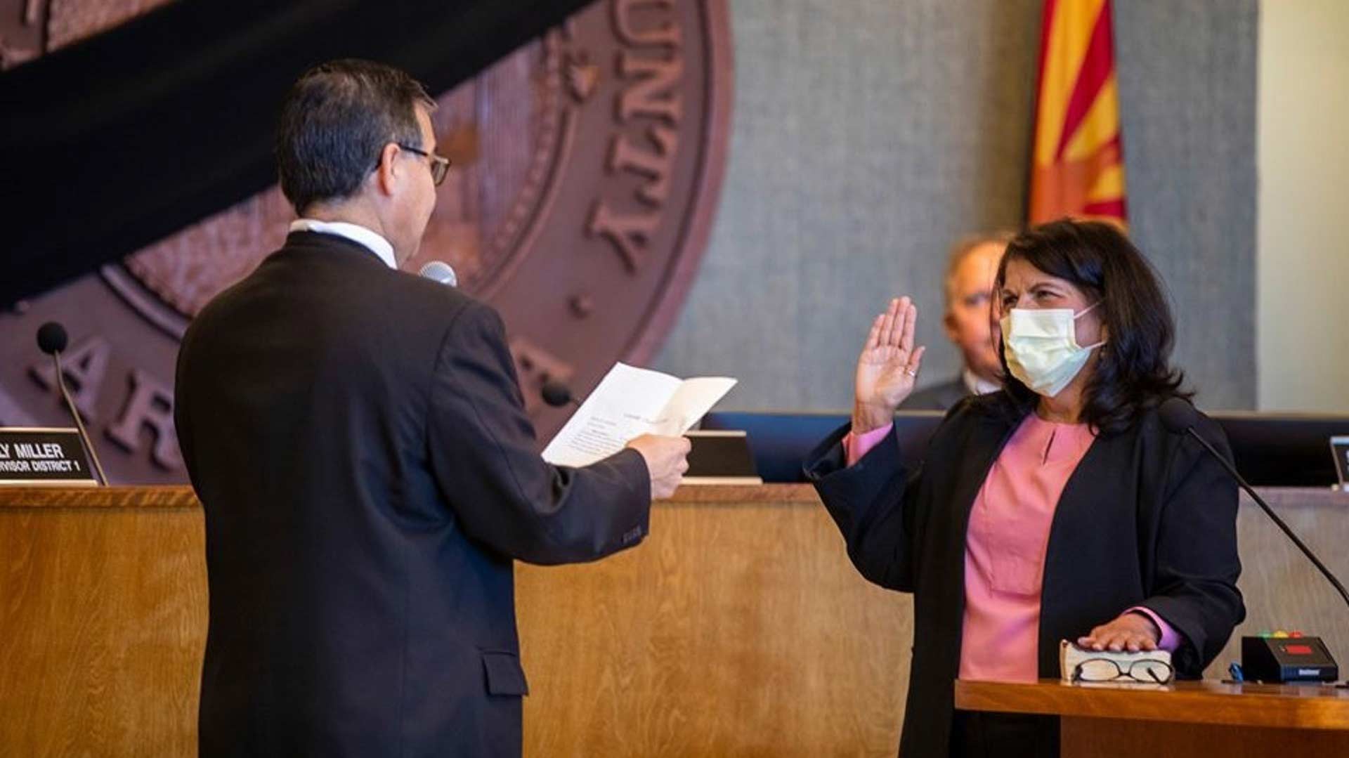 Pima County Supervisor Betty Villegas is sworn into office by Supervisors Chairman Ramon Valadez at the April 9, 2020 board meeting.   Villegas was appointed to fill the District 5 seat vacated by the death of Supervisor Richard Elías.