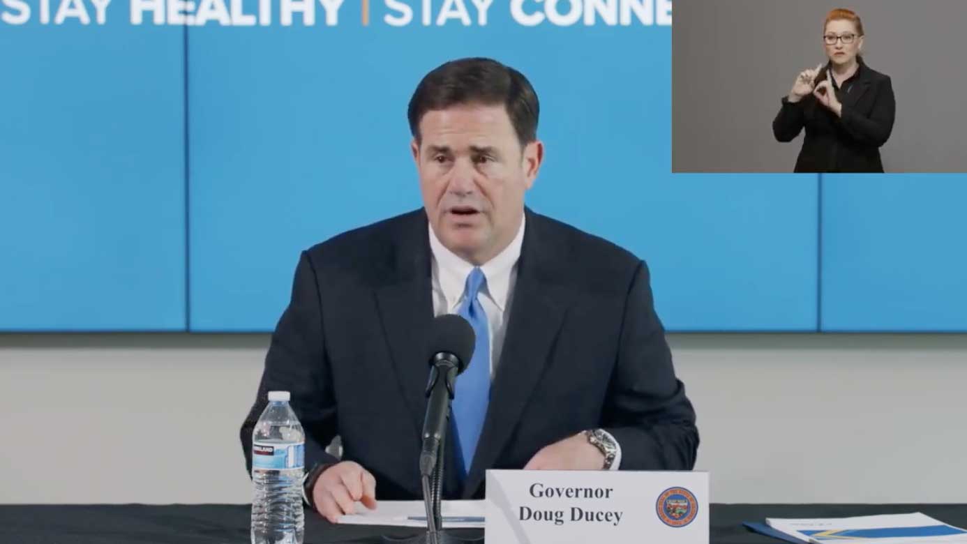 Arizona Gov. Doug Ducey gives an update on the state's COVID-19 response May 12, 2020 in this still image from his media address.