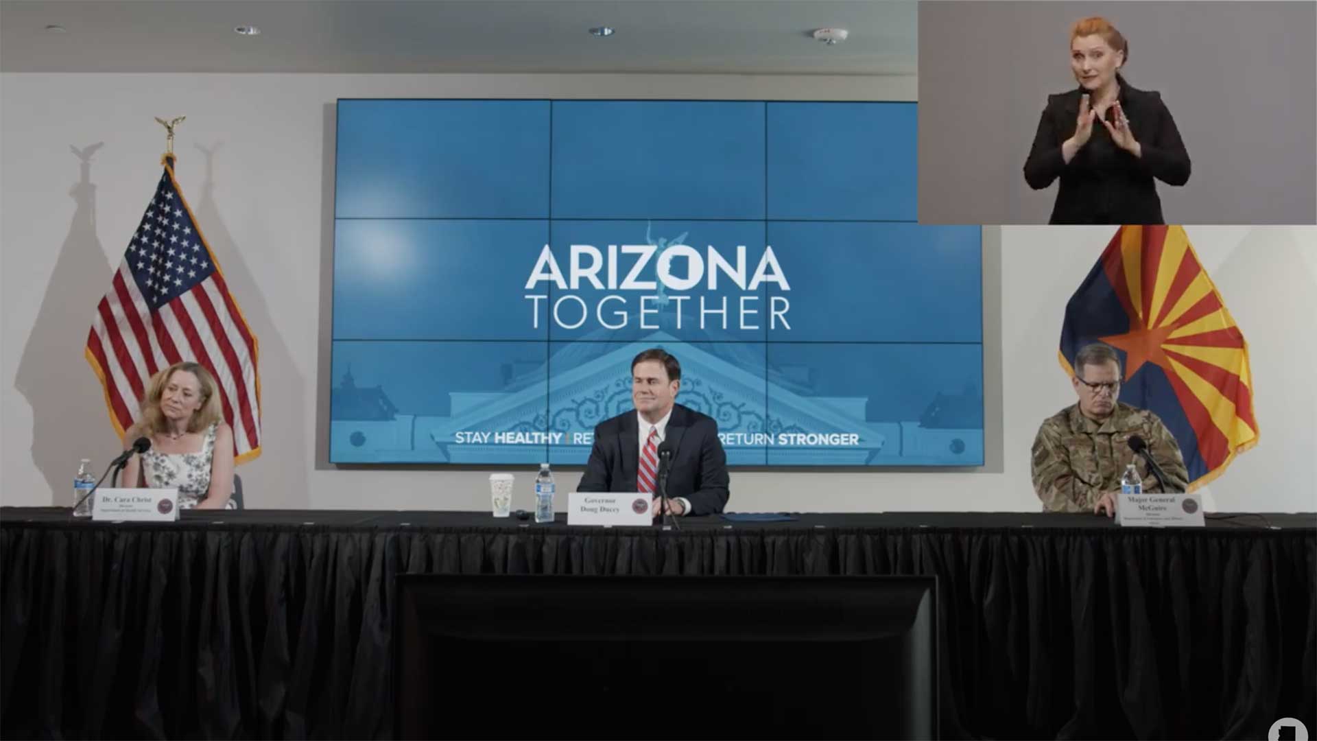 Arizona Health Director Cara Christ, Gov. Doug Ducey and Director of the Department of Emergency and Military Affairs Maj. Gen. Michael McGuire at a May 28 update on the state's response to the COVID-19 pandemic.