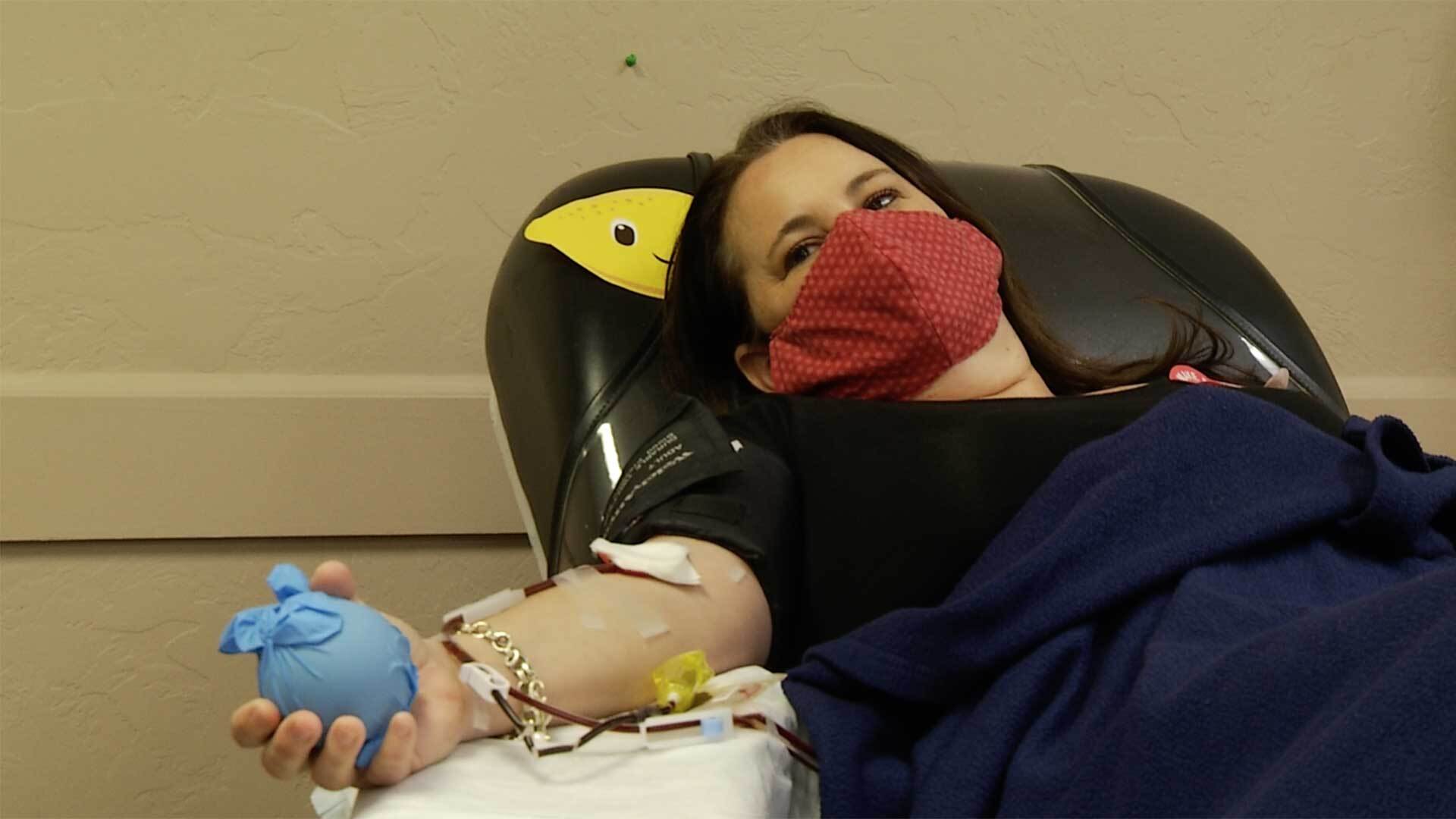 Blood donor Paula Sommers survived a week-long bout with COVID-19 last month. 