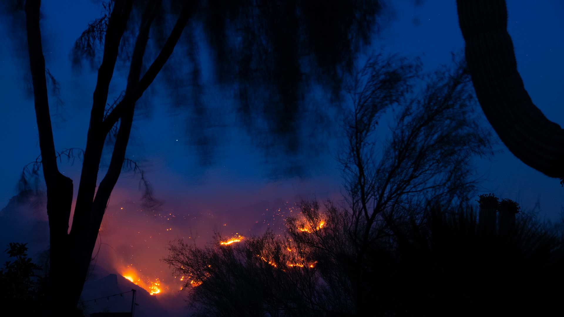 The Bighorn Fire burns in Pima Canyon on the night of June 10, 2020.  Residents in the area were warned to be ready for an evacuation.