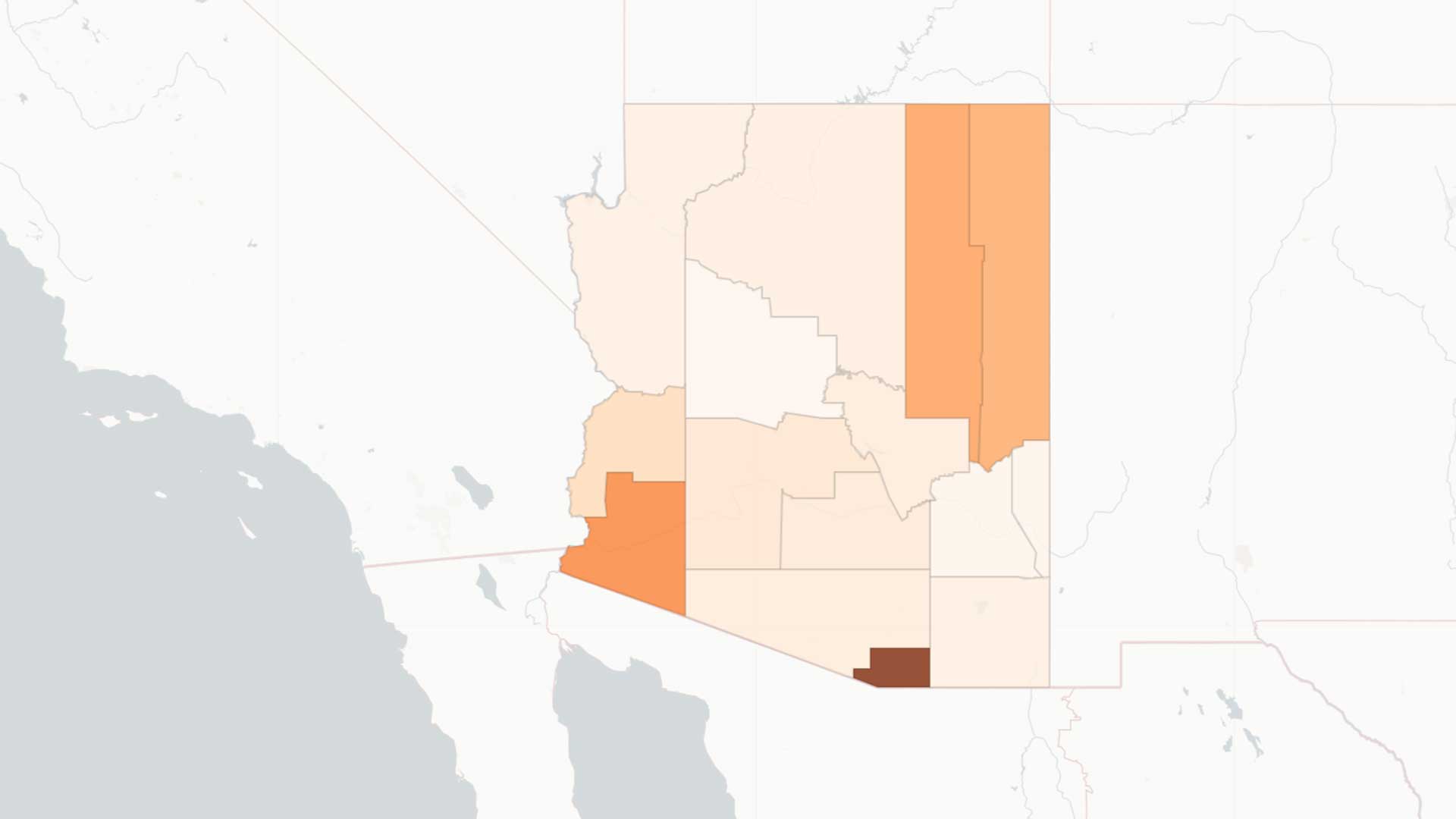 One-week snapshot of rates of cases to population in Arizona as of June 15, 2020