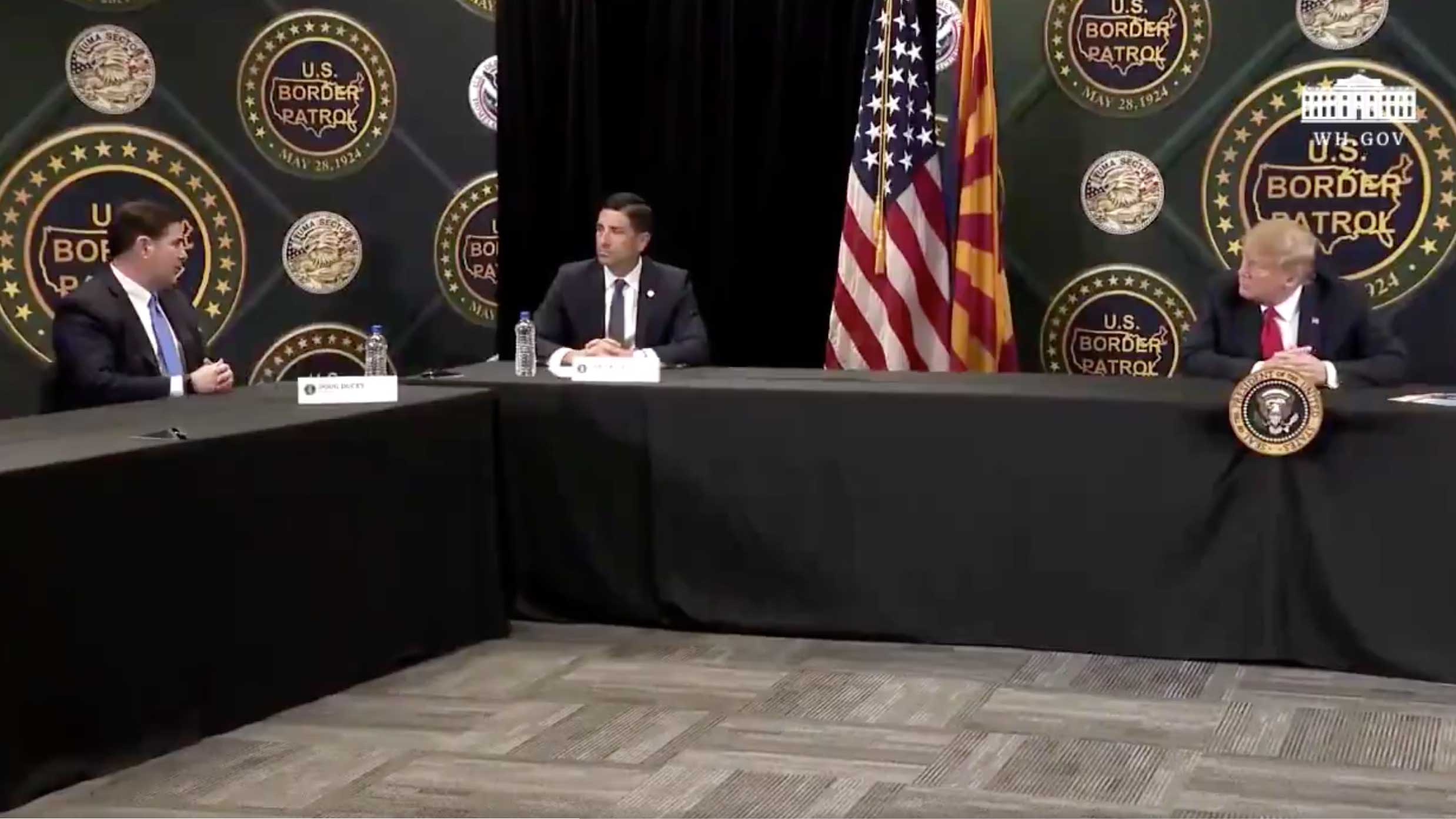 Arizona Gov. Doug Ducey speaks with President Trump on the president's visit to Arizona, June 23, 2020, in this still image from video posted on the Trump campaign social media.