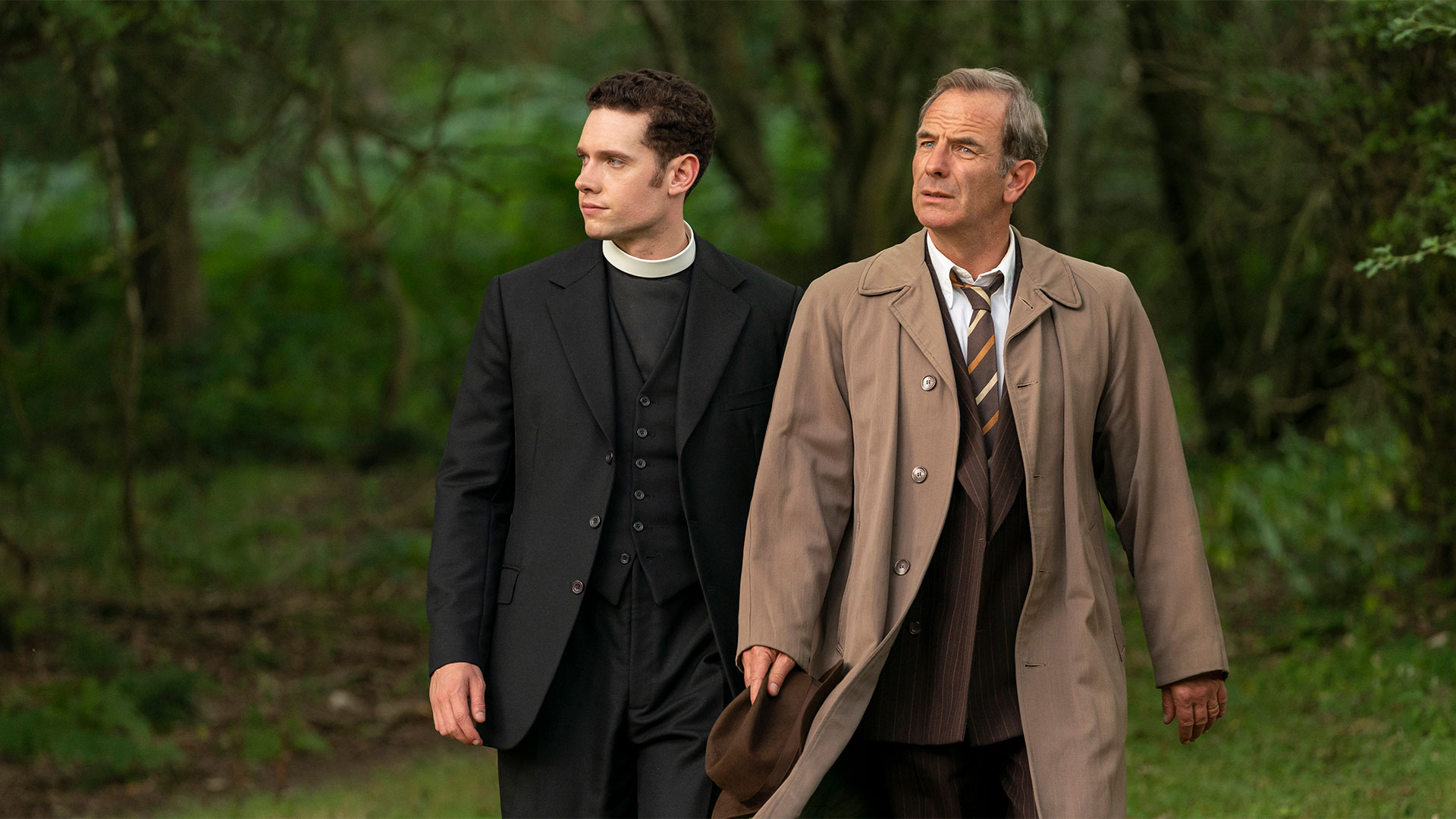 Shown from left to right: Tom Brittney as Will Davenport and Robson Green as Geordie Keating