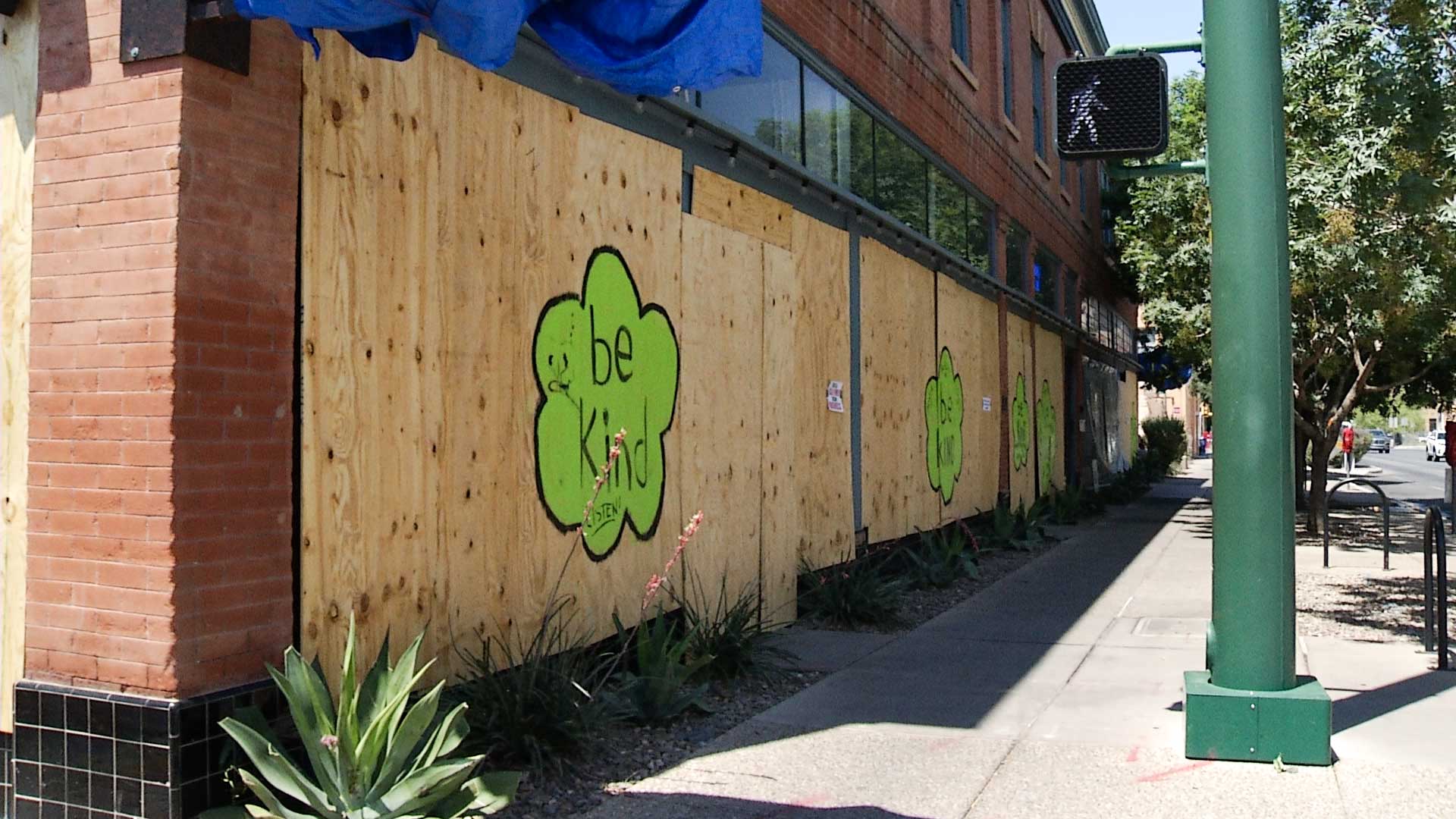 The windows of Charro Steak on East Broadway boarded up on June 1, 2020.