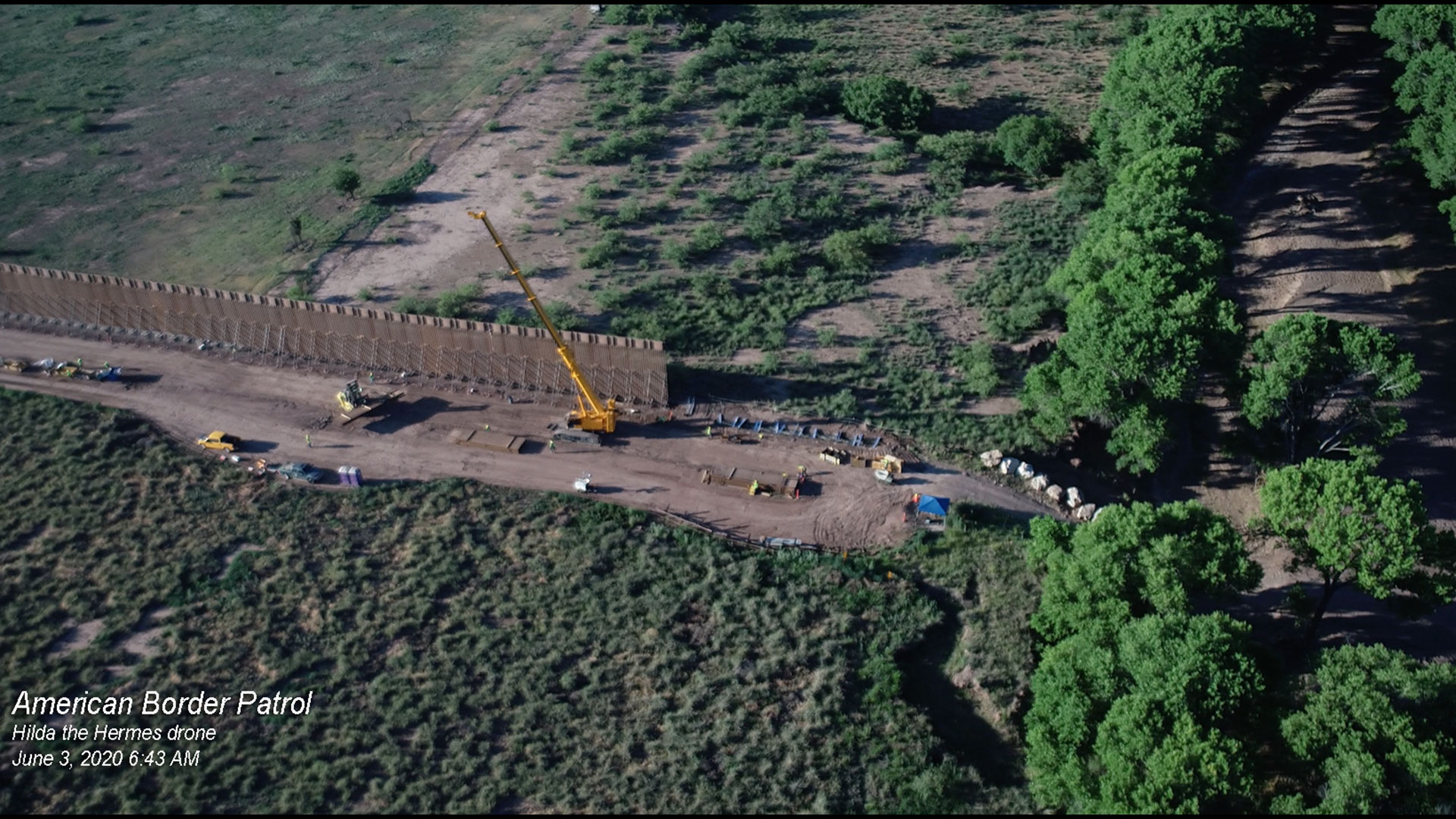 Drone camera image of border wall construction along the San Pedro River in early June, 2020.