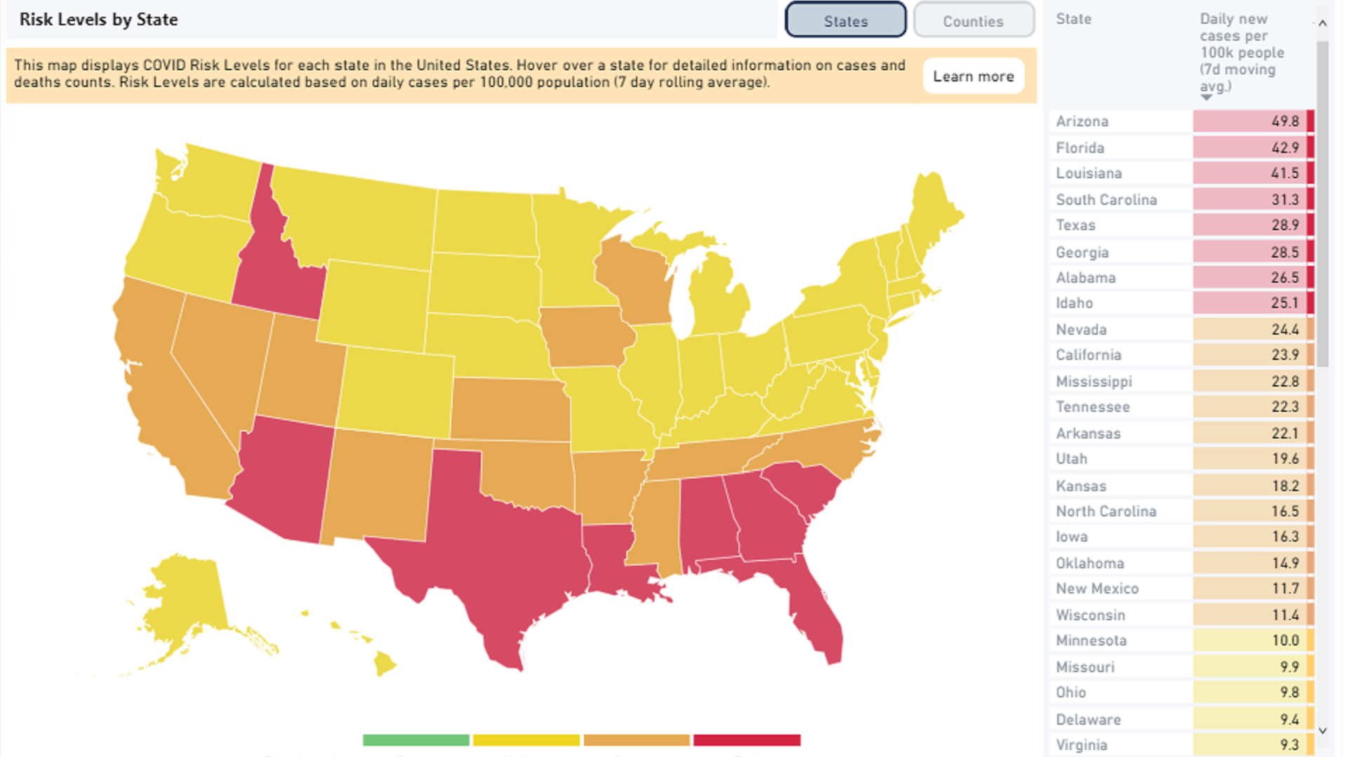 The risk level map of the United States, by the Harvard Global Health Institute, is shown on July 13, 2020.   Arizona is shown in red, indicating the highest level of risk for COVID-19.