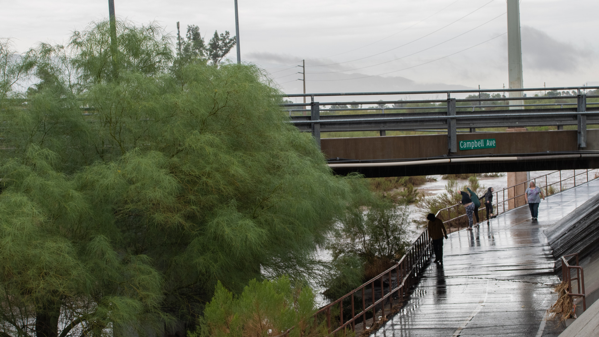 People stand under the Campbell Avenue bridge to watch the Rillito  run after a monsoon storm,  July 23, 2020. Rains cooled the city, and helped finish the job putting out the Bighorn Fire.