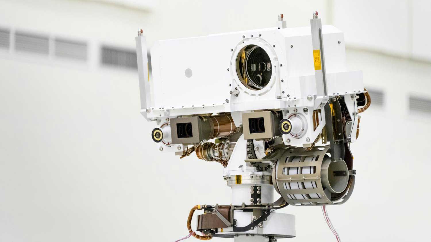 This image, taken in the Spacecraft Assembly Facility's High Bay 1 at the Jet Propulsion Laboratory in Pasadena, California, on July 23, 2019, shows a close-up of the head of Mars 2020's remote sensing mast.