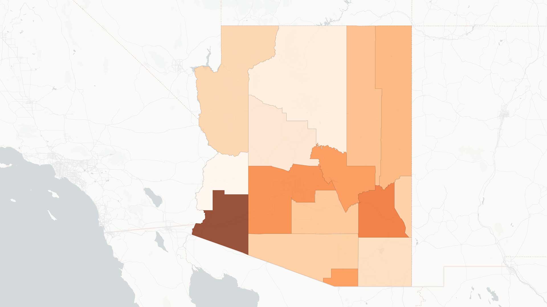 [Orange choropleth map of Arizona counties showing rate of COVID-19 cases per 100k people, for the week ending Aug. 1]
